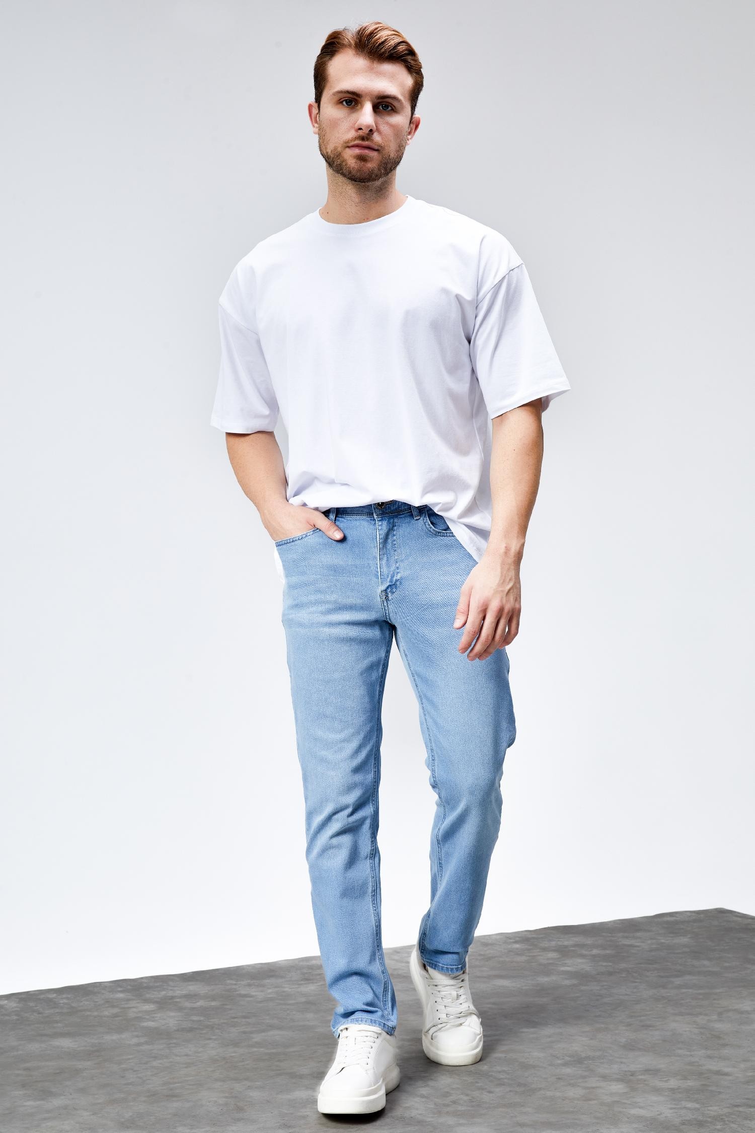 Erkek RİCARDO Buz Mavi Taşlamalı Slim Fit Likralı Jean Kot Pantolon