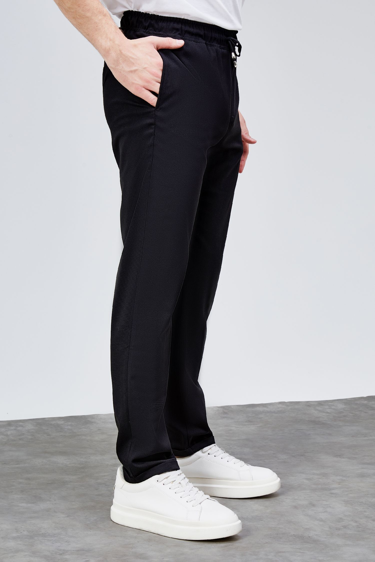 Erkek Siyah Relaxed Fit Yandan Cepli Beli Lastikli Bağcıklı Duble Paça Jogger Pantolon BOLT-1996