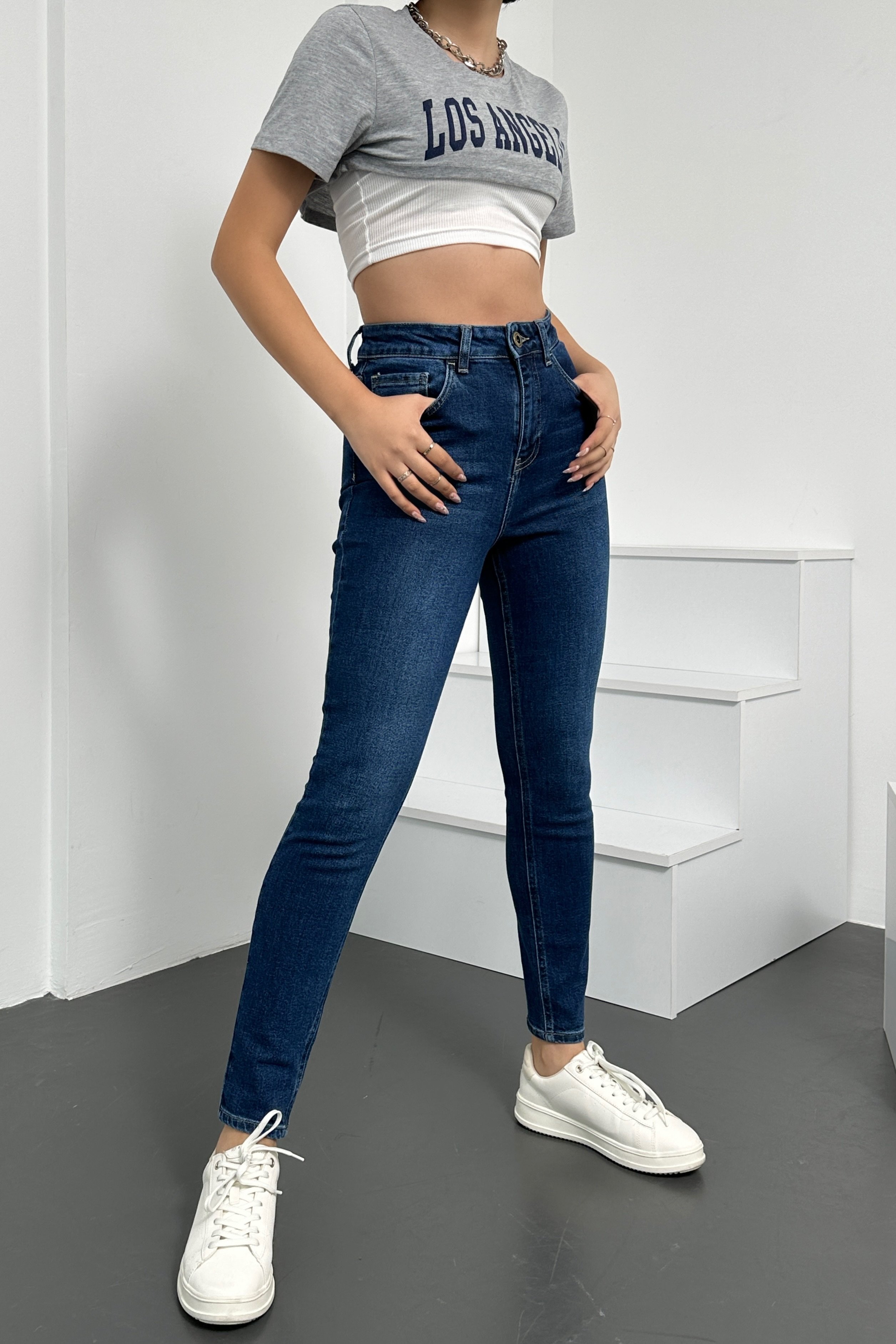 Kadın Mavi Süper Skinny Fit Esnek Likralı Yüksek Bel Denim Jean Kot Pantolon HLTJENNİE-STEVE