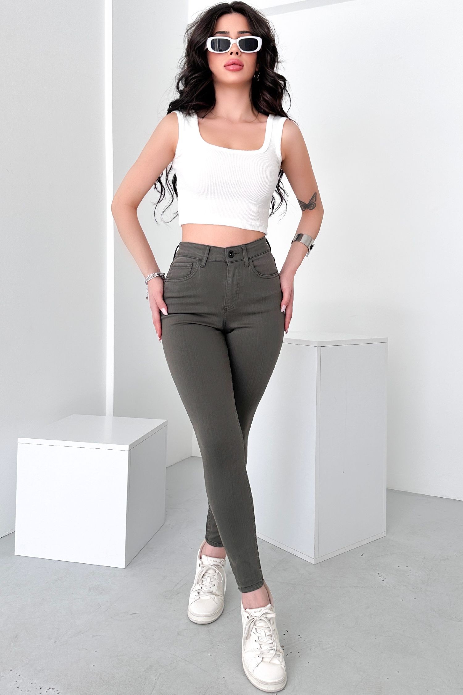 Kadın Açık Haki Süper Skinny Fit Esnek Likralı Yüksek Bel Jean Kot Pantolon JENNİE-2009