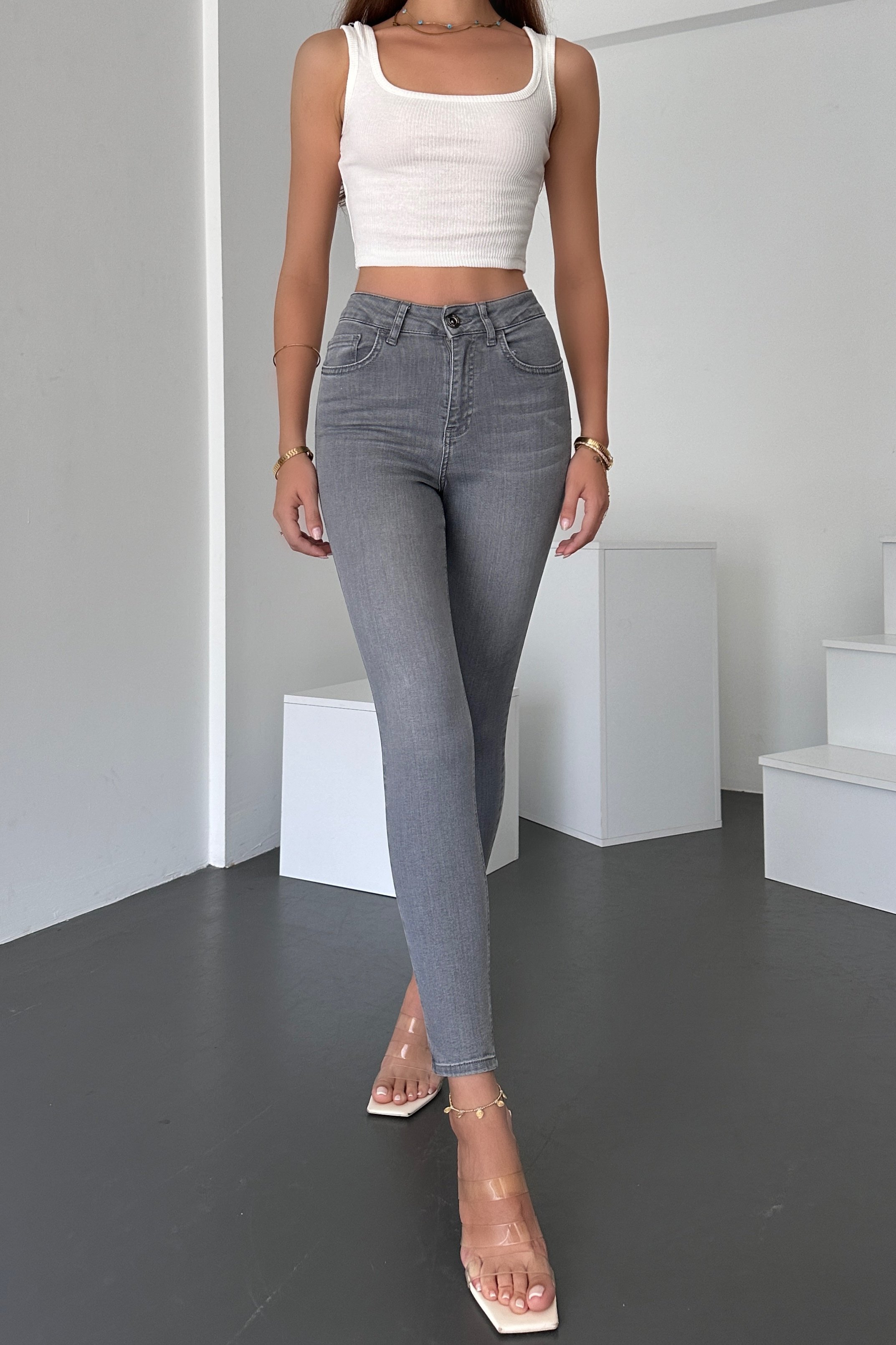 Kadın Gri Skinny Fit Jean Yüksek Bel Likralı Esnek Kot Pantolon JENNİE-GRİ