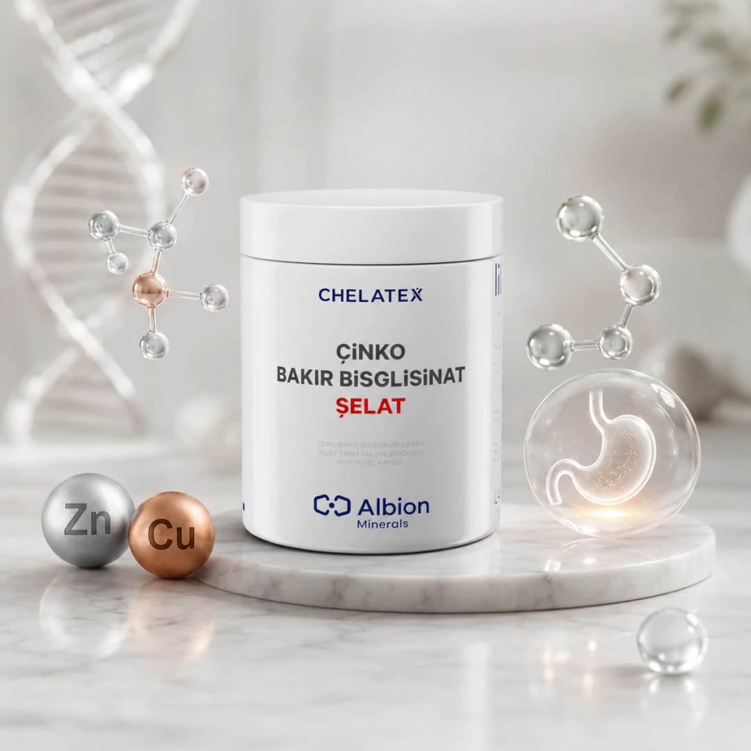 Chelatex Çinko Bakır Bisglisinat Şelat ürünü, çinko ve bakır minerallerini temsil eden bilimsel detaylarla birlikte gösteriliyor.