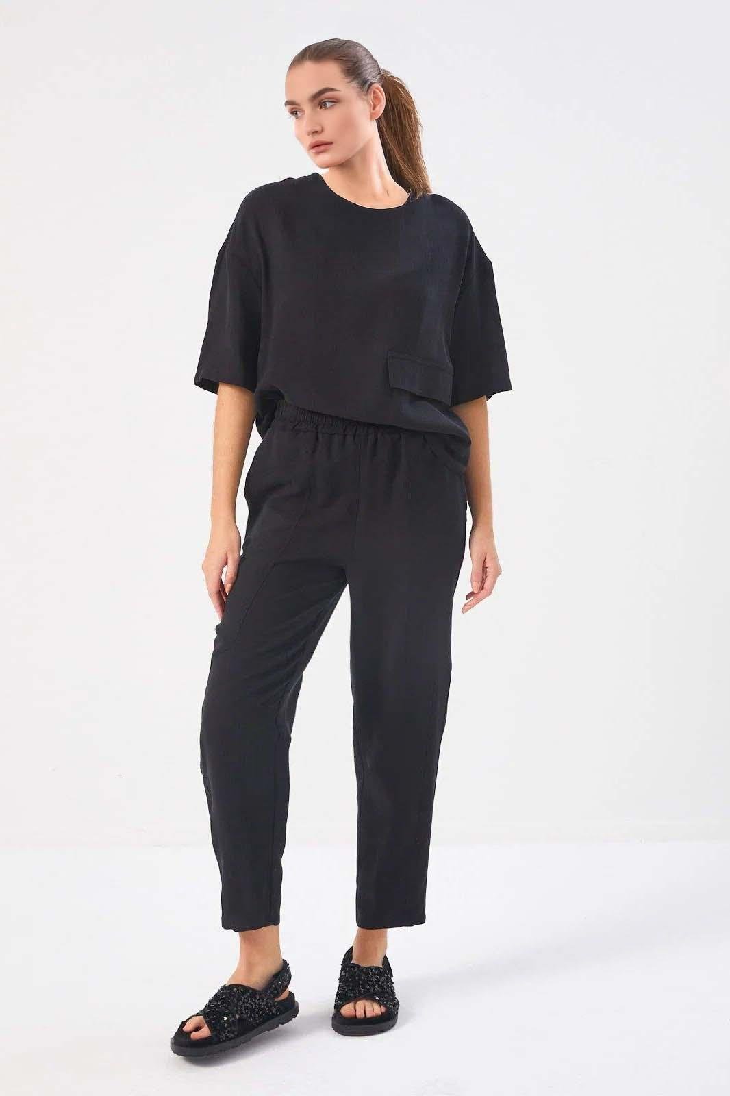 Faik Sönmez U68547 Beli Lastikli Kargo Cepli Comfort Fit Pantolon Siyah