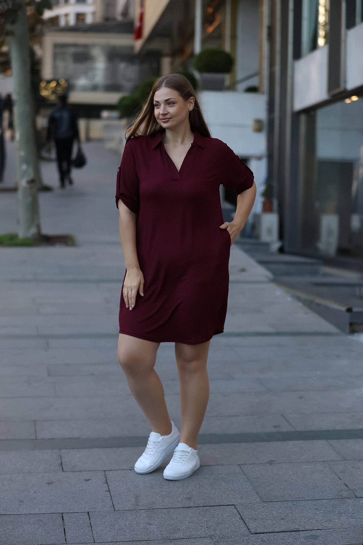 Gömlek Yaka Cepli Bordo Elbise