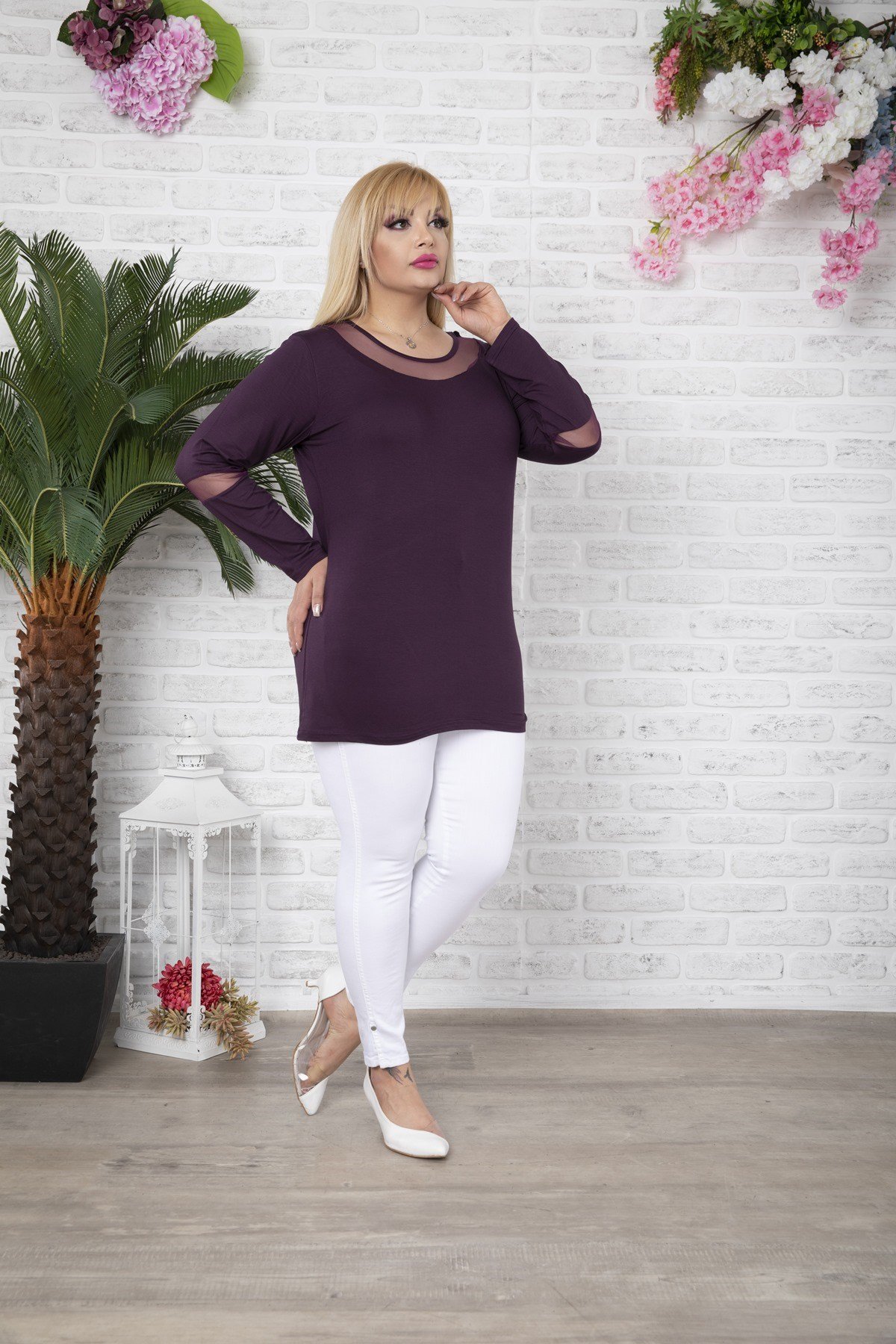 Dirsek ve Yakası Tüllü Büyük Beden Fuşya Bluz