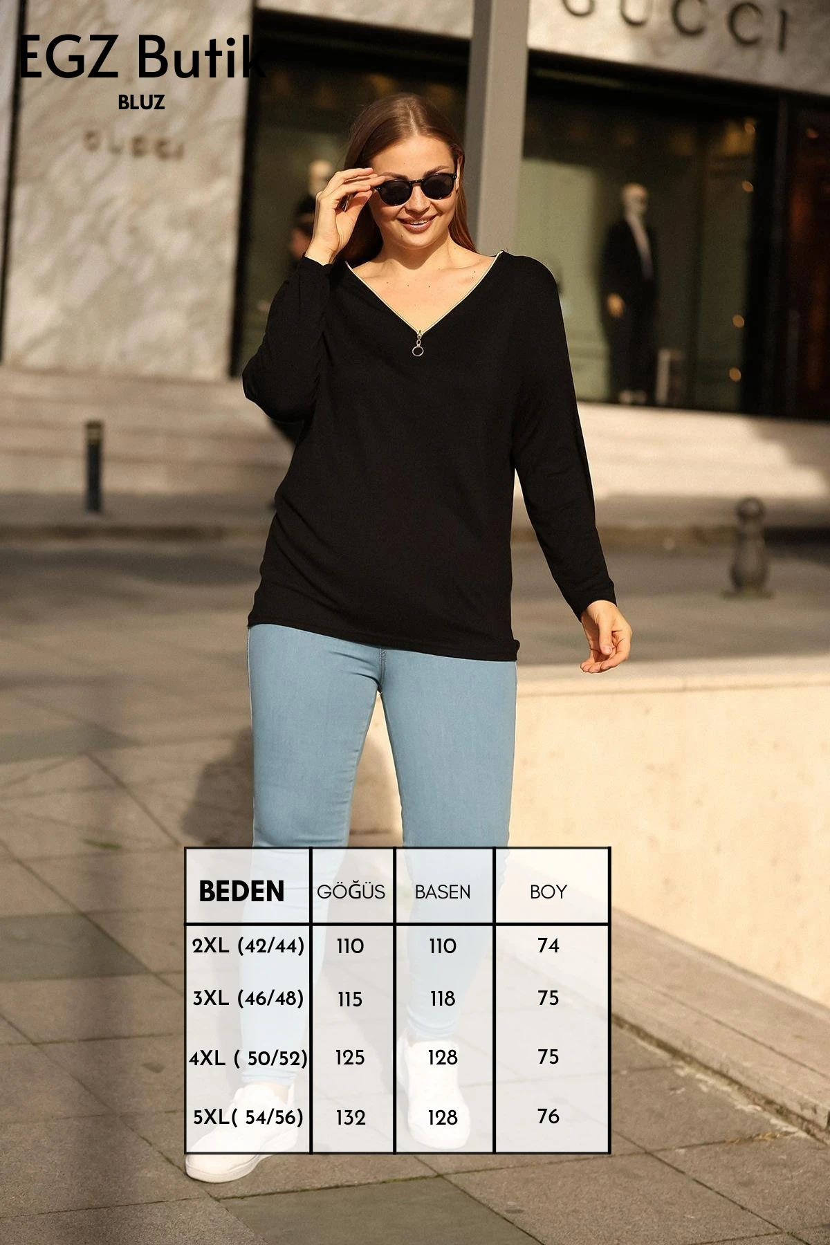 Klasik Fermuarlı Büyük Beden Siyah Bluz