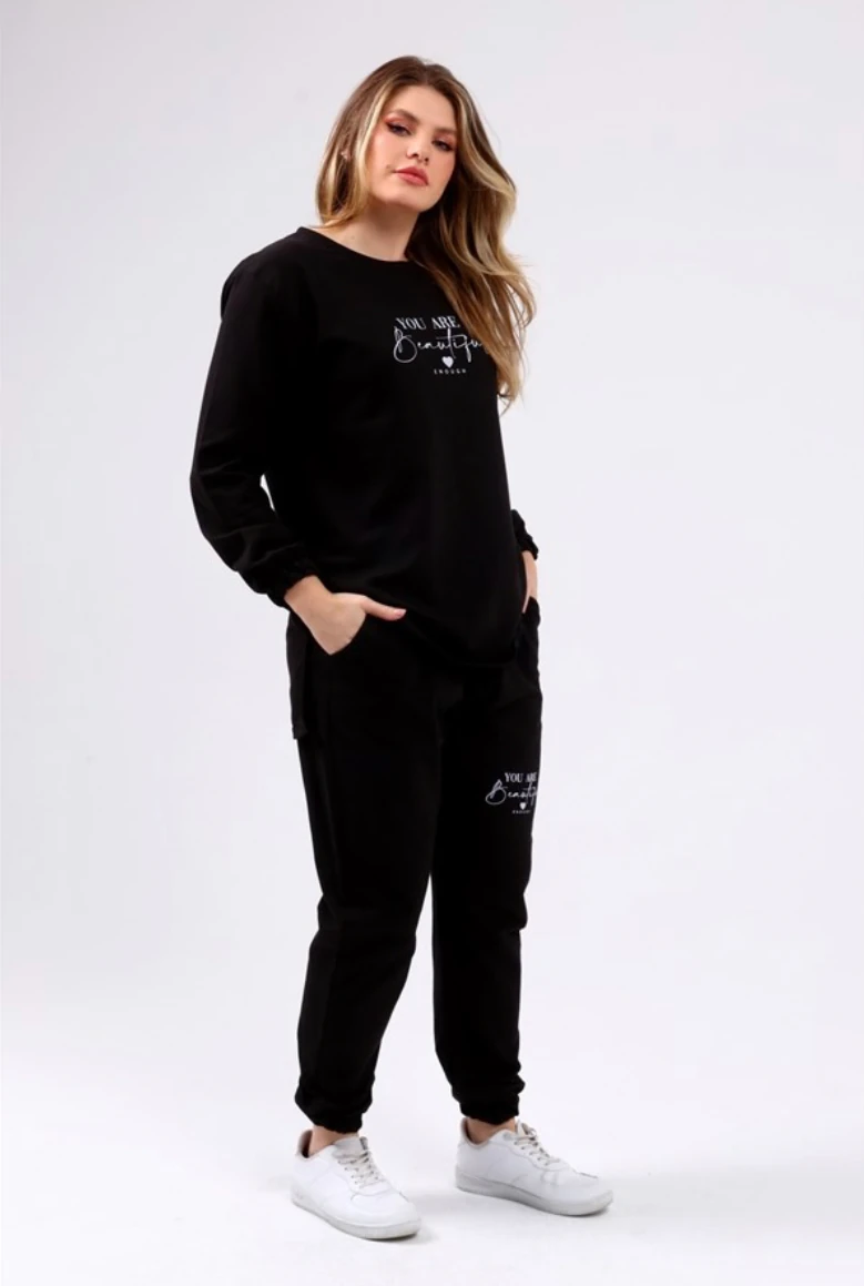 İki İplik Beautiful Yazılı Büyük Beden Vizon İkili Takım