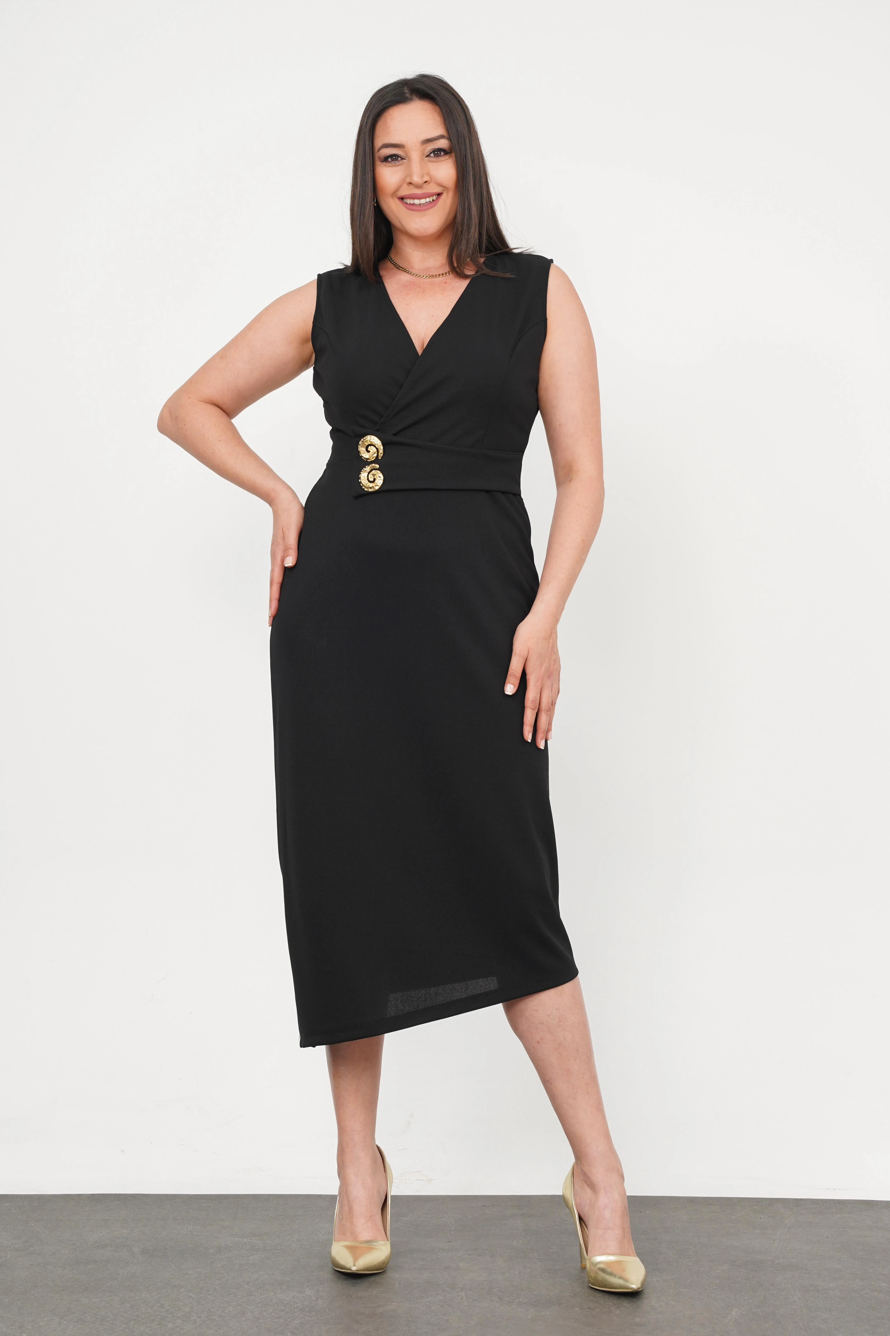 Büyük Beden Sıfır Kol Düğme Detay Abiye Siyah