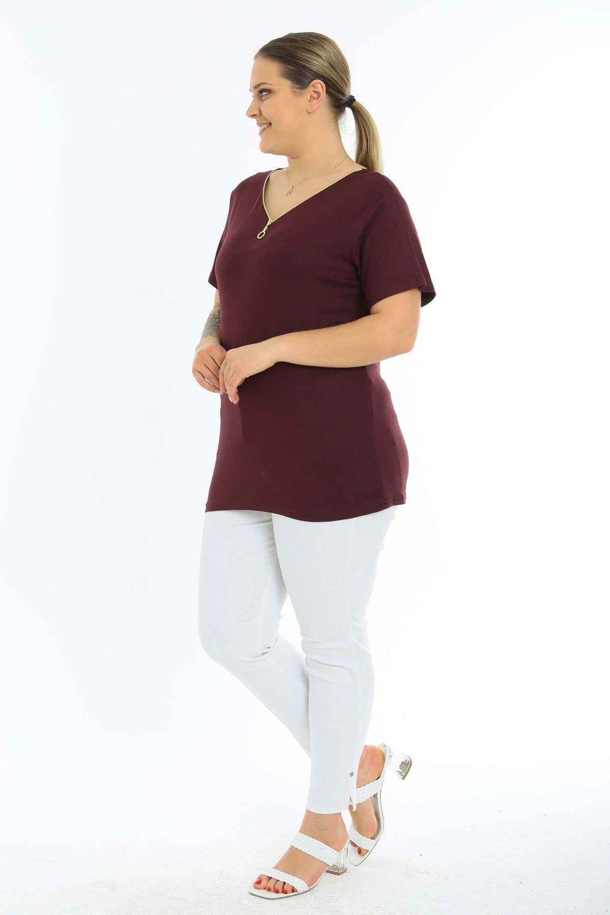 Fermuarlı Kısa Kol Büyük Beden Bordo Bluz
