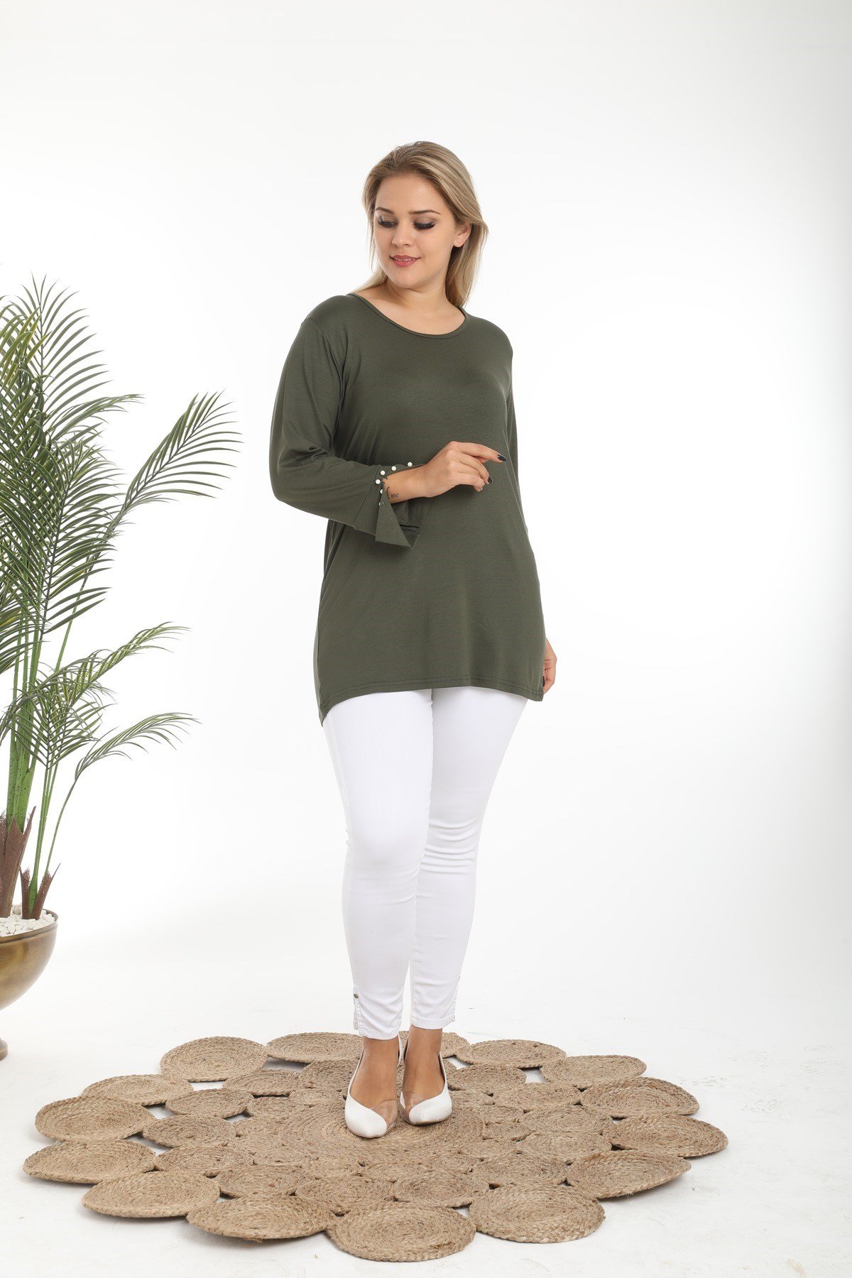 İnci Kol Büyük Beden Haki Viskon Bluz