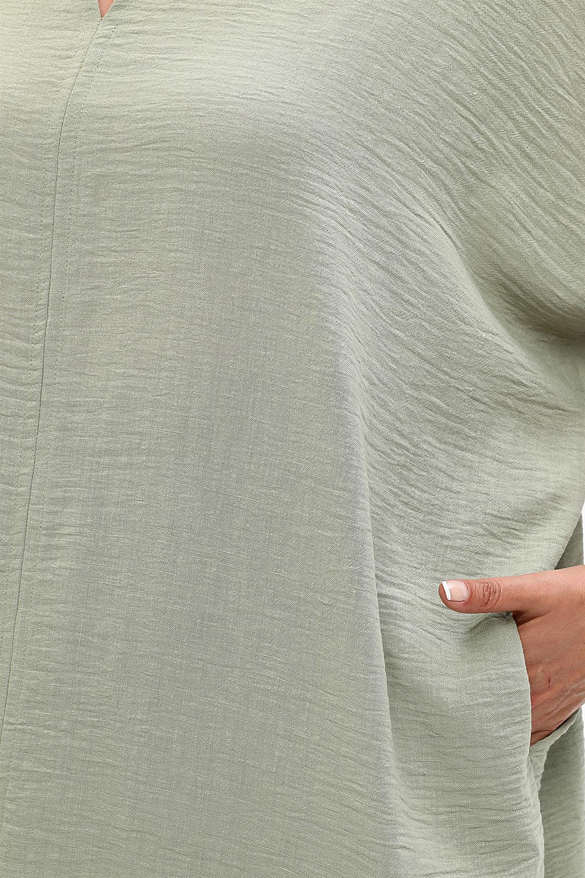 Keten Önü Yırtmaçlı Gömlek Yaka Haki Elbise