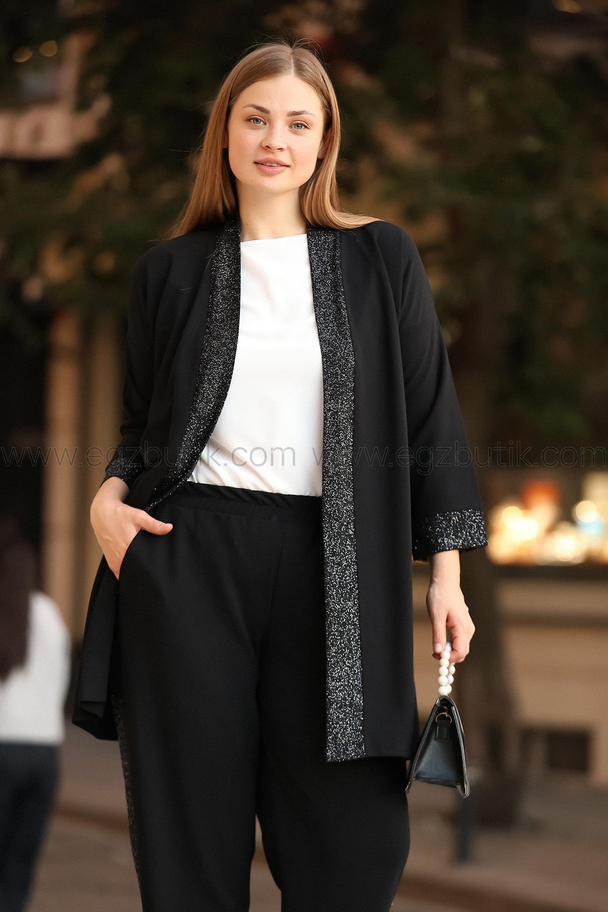 Büyük Beden Sim Şerit Detaylı Scuba Krep ikili Takım