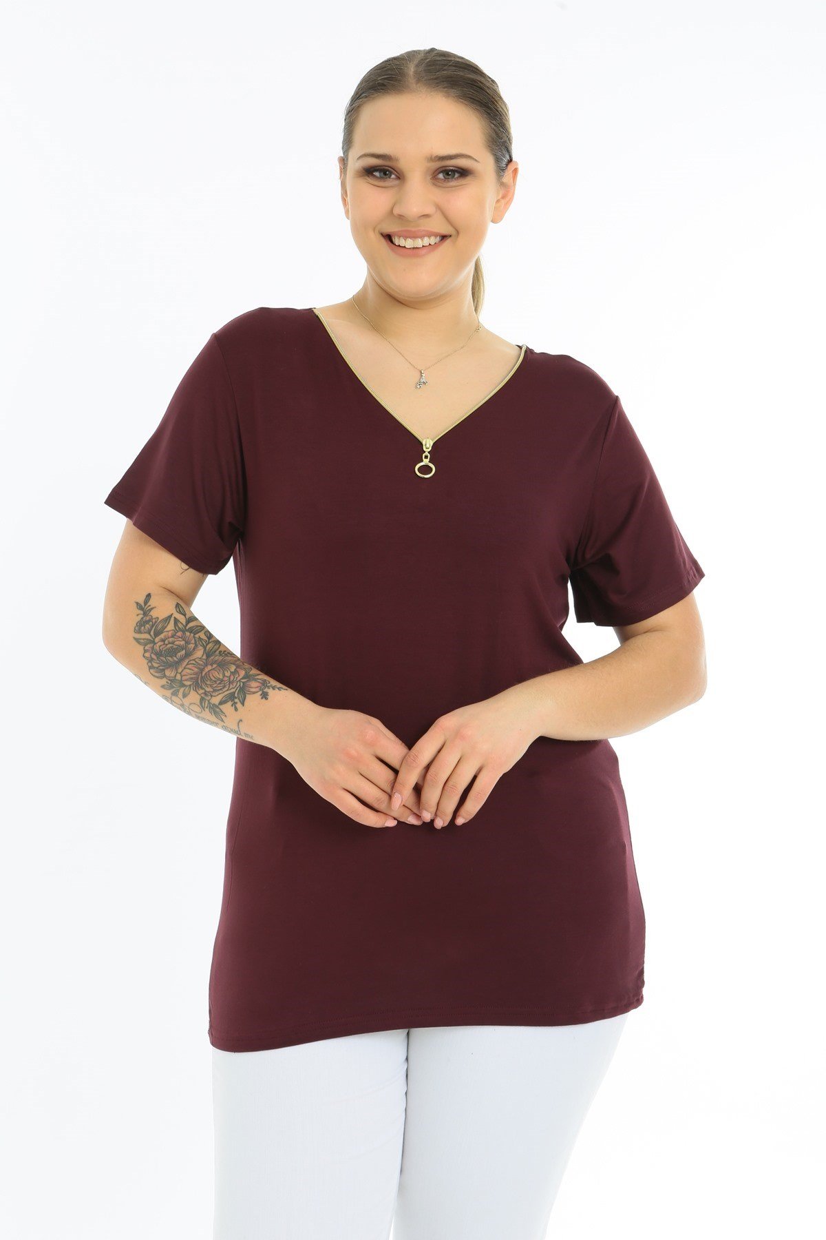 Fermuarlı Kısa Kol Büyük Beden Bordo Bluz