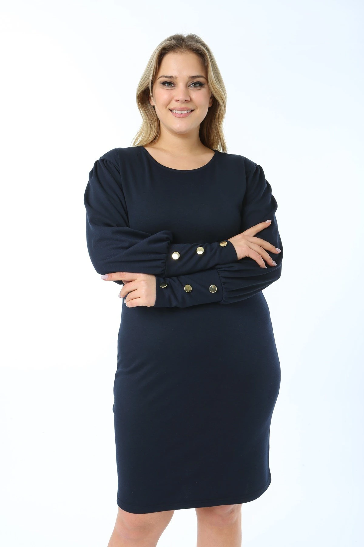 Kol Ucu Düğme Detaylı Lacivert Elbise