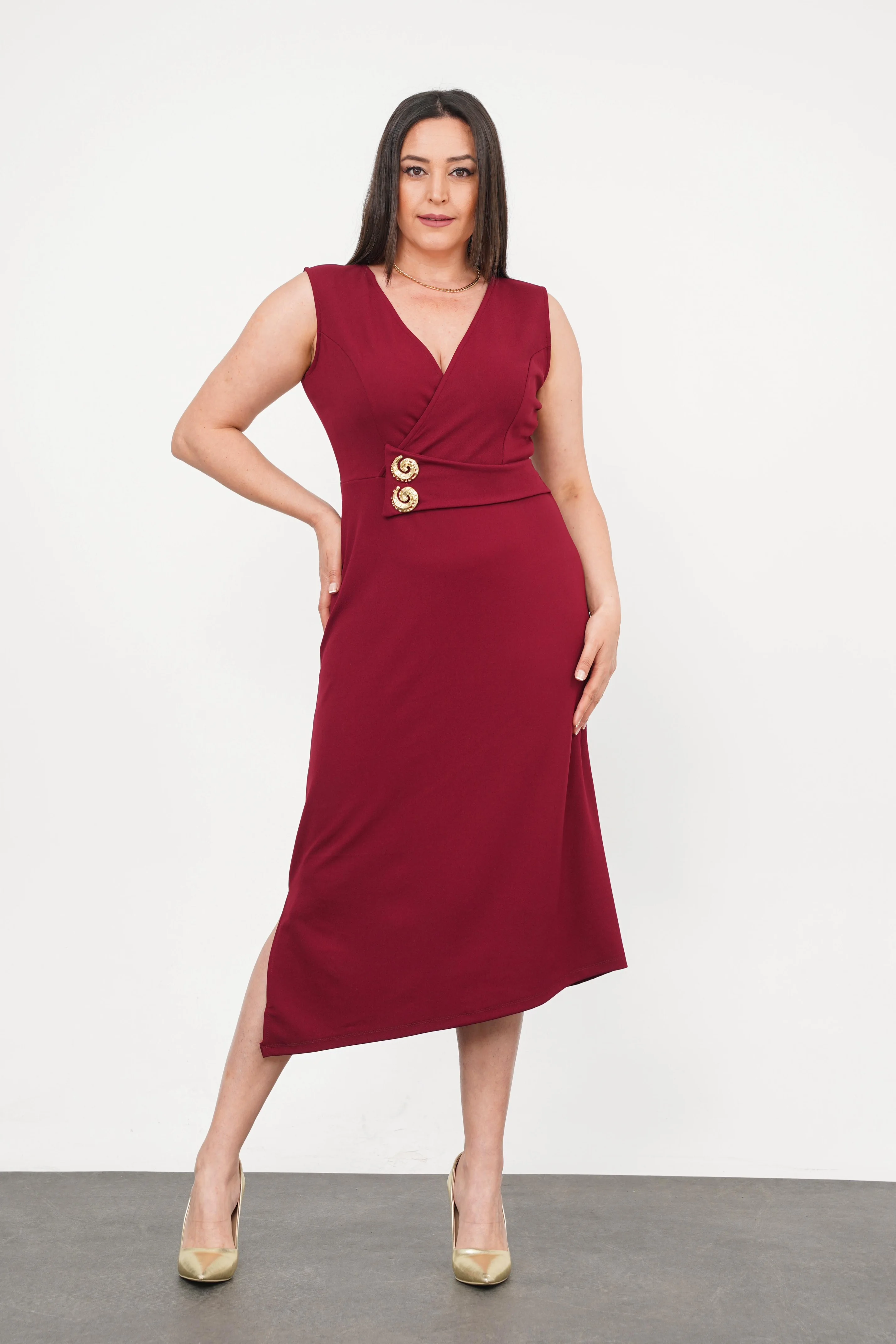 Büyük Beden Sıfır Kol Düğme Detay Abiye Bordo