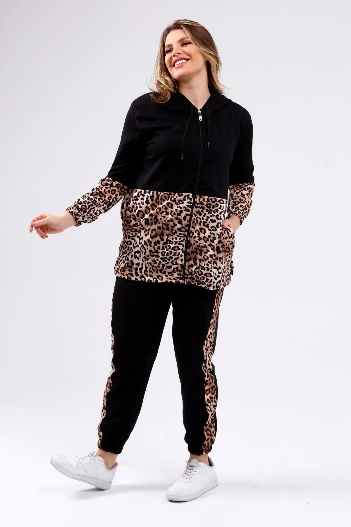 Kapşonlu Fermuarlı Leopar Desen Büyük Beden Siyah İkili Takım