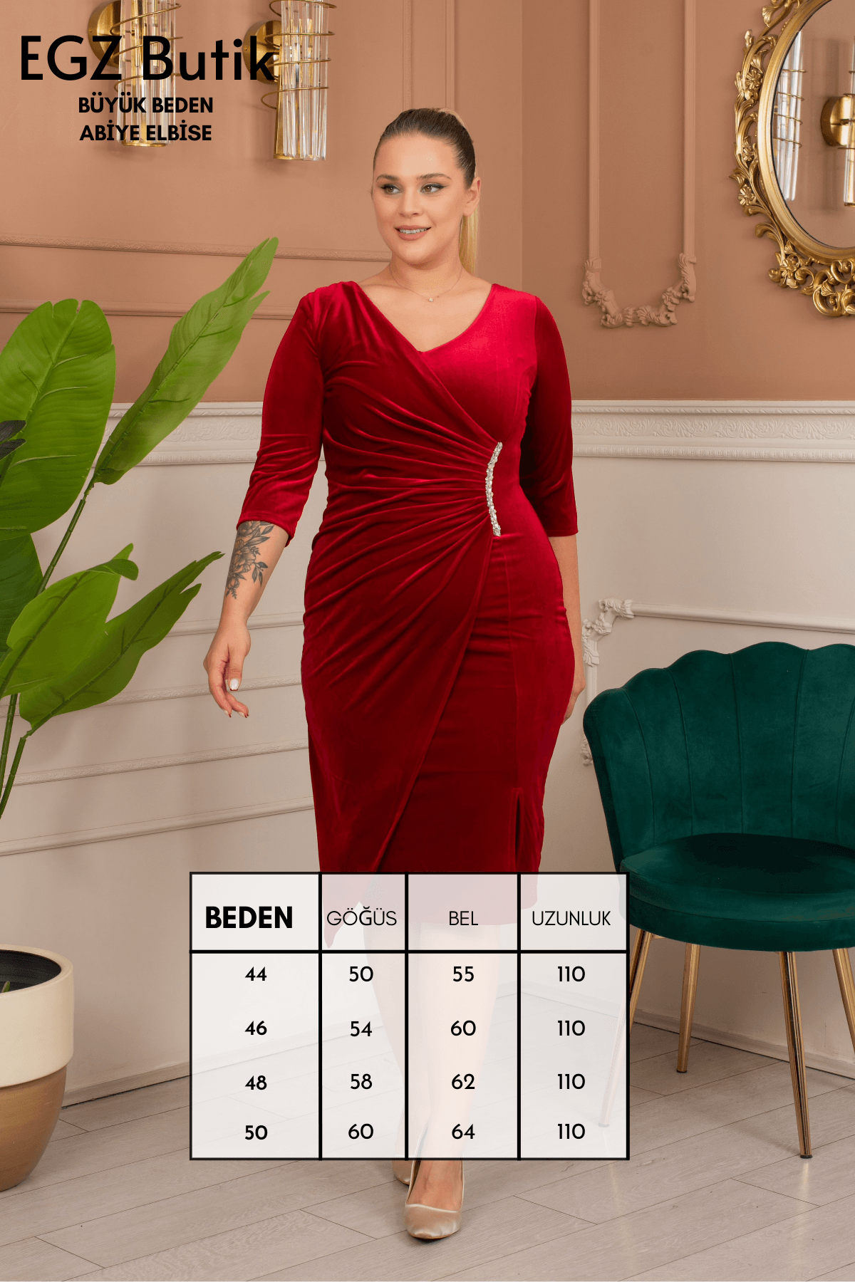 Büyük Beden Tek Tarafı Taşlı Kadife Abiye Bordo