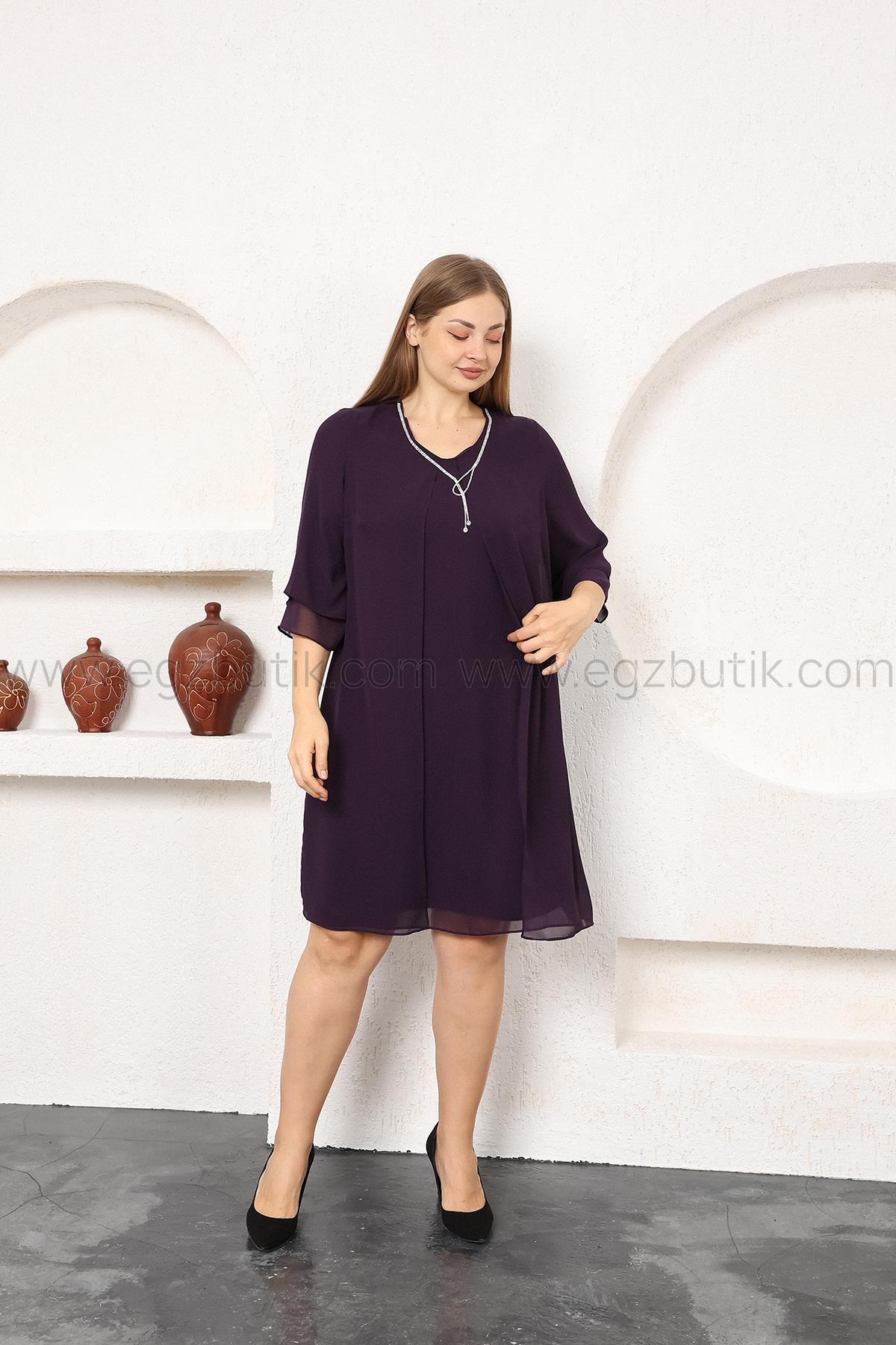 Şifon Üstü Tül  Kolyeli Büyük Beden Elbise Mürdüm