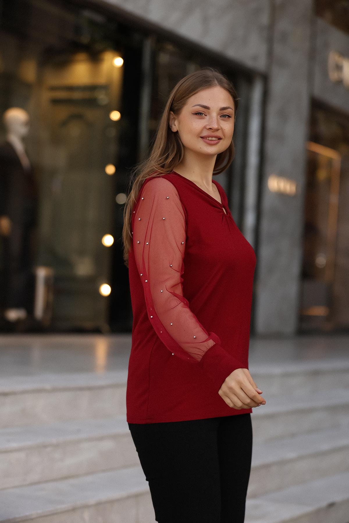 Kolları Tüllü İncili Büyük Beden Bordo Bluz