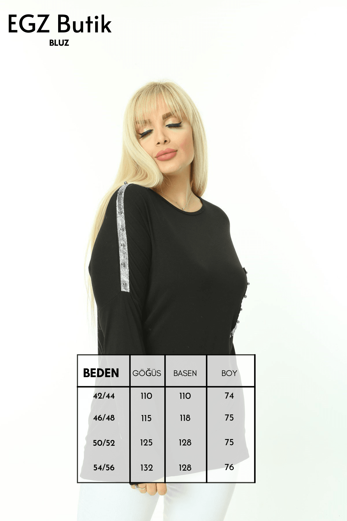 Omuzu Sim Detay İncili Büyük Beden Siyah Bluz