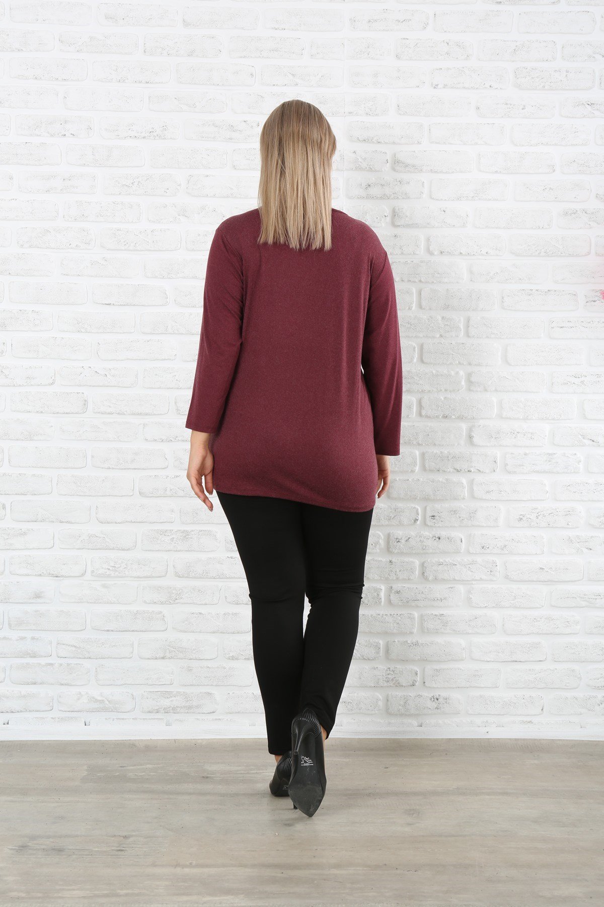 Sonsuz Kalp Baskılı  Taşlı Büyük Beden Bordo Kazak