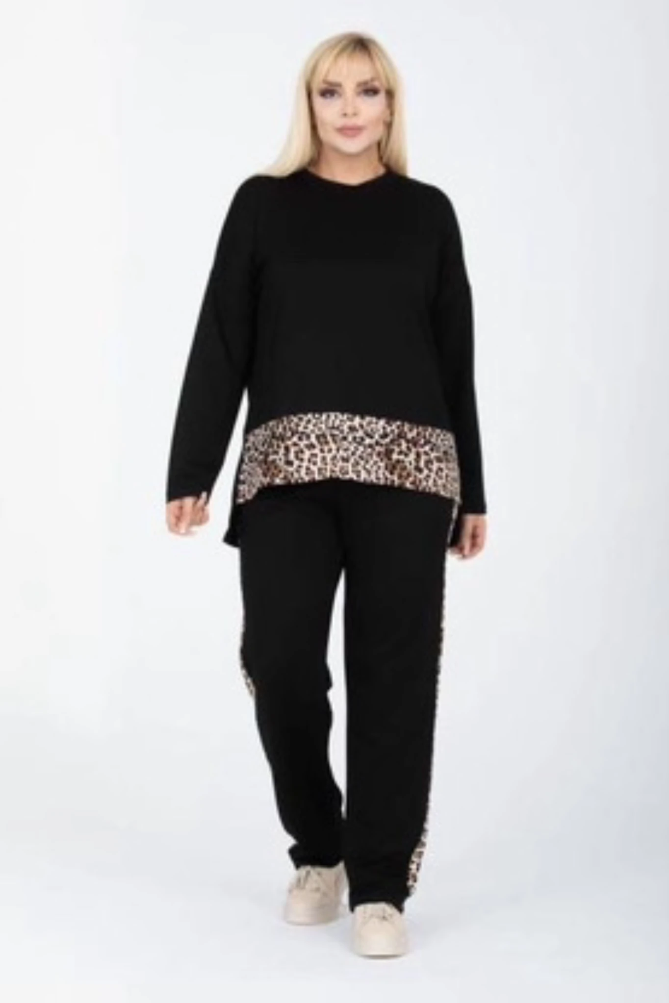 Büyük Beden Leopar Garnili Uzun Kol İkili Takım