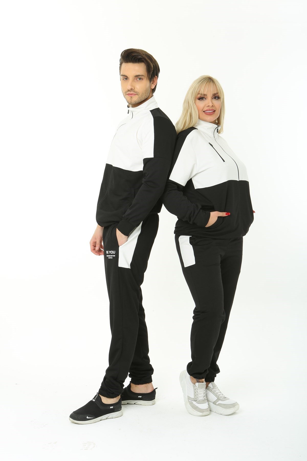 Sevgili Kombin Be You Yazılı Cepli Fermuarlı Siyah Beyaz İkili Takım