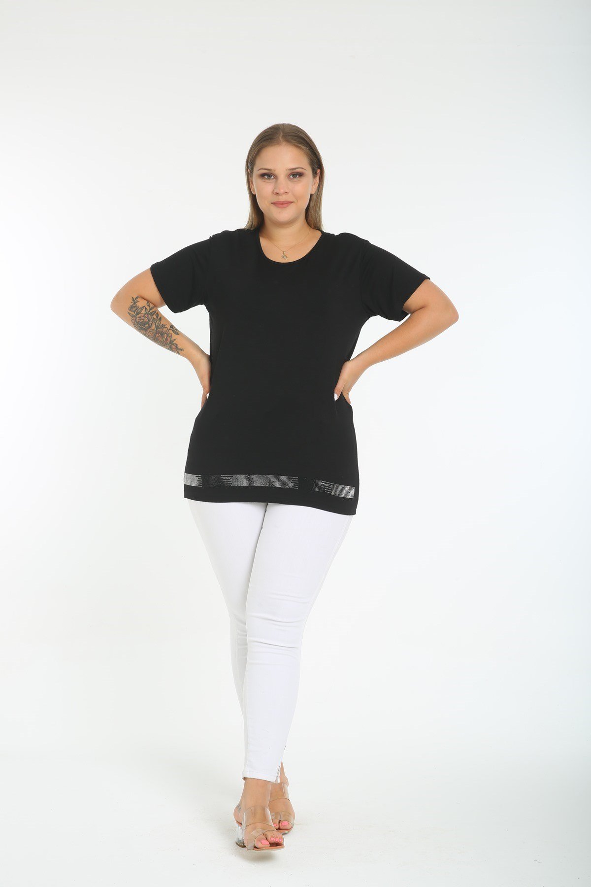 Bel Kısmı Taş Şerit Büyük Beden Siyah Tişört