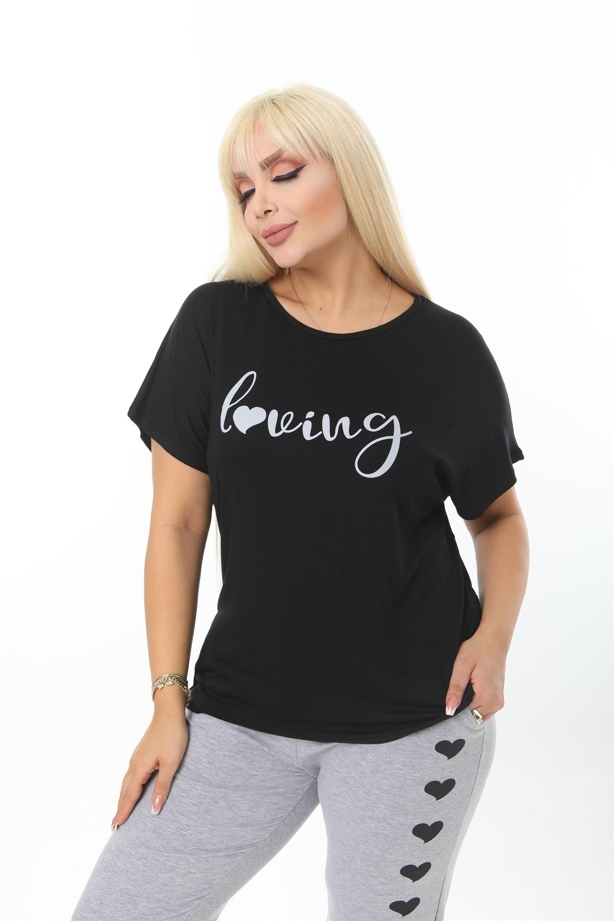 Loving Yazılı Kalp Detaylı Üst Siyah Takım