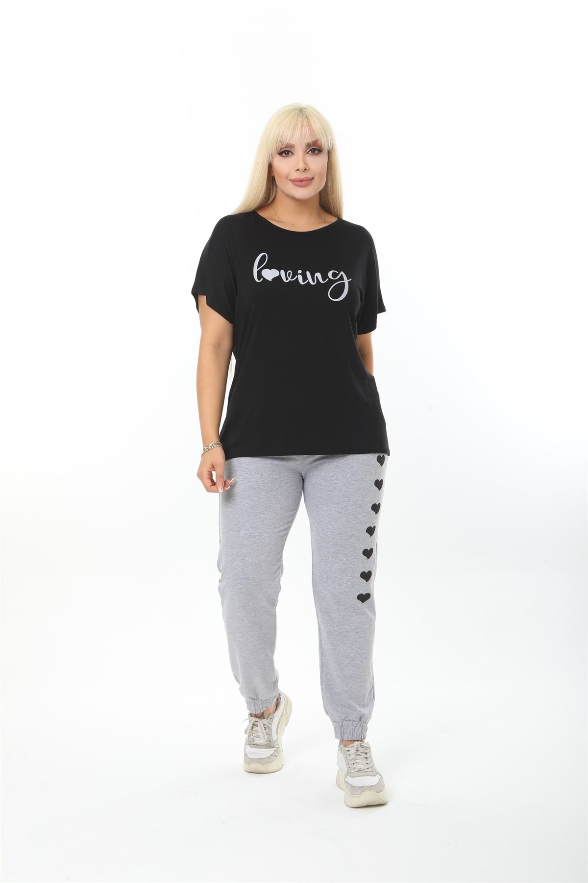 Loving Yazılı Kalp Detaylı Üst Siyah Takım