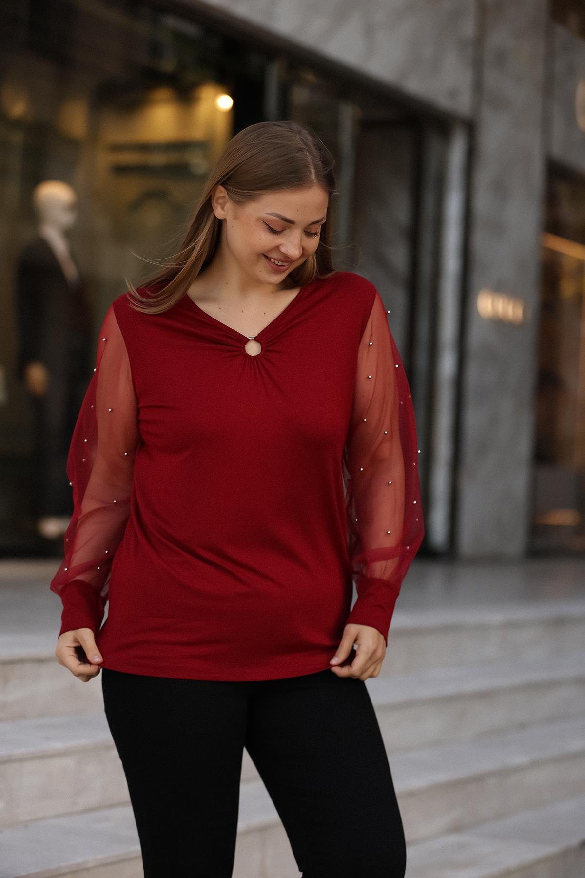 Kolları Tüllü İncili Büyük Beden Bordo Bluz