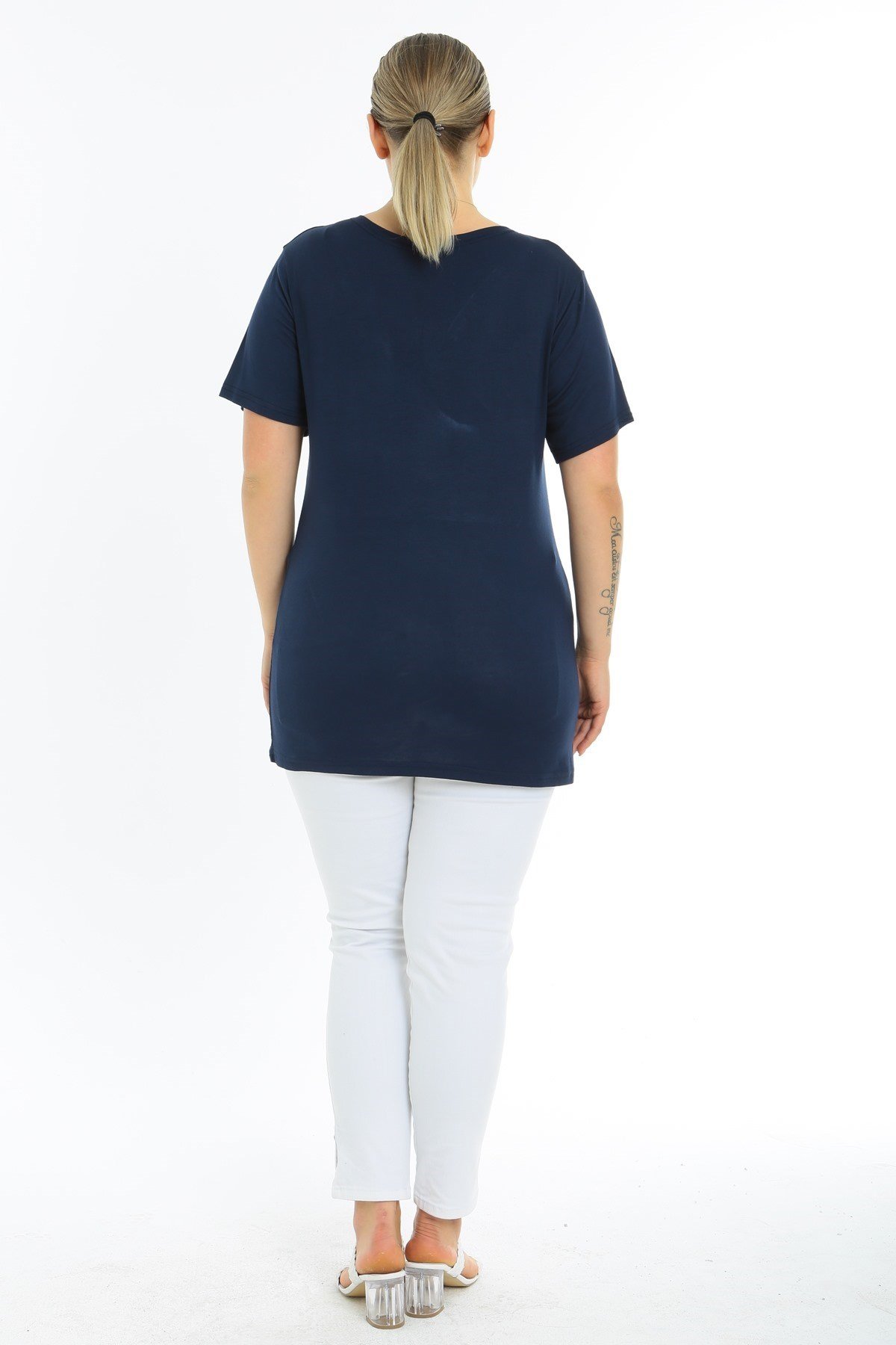 Fermuarlı Kısa Kol Büyük Beden Lacivert Bluz