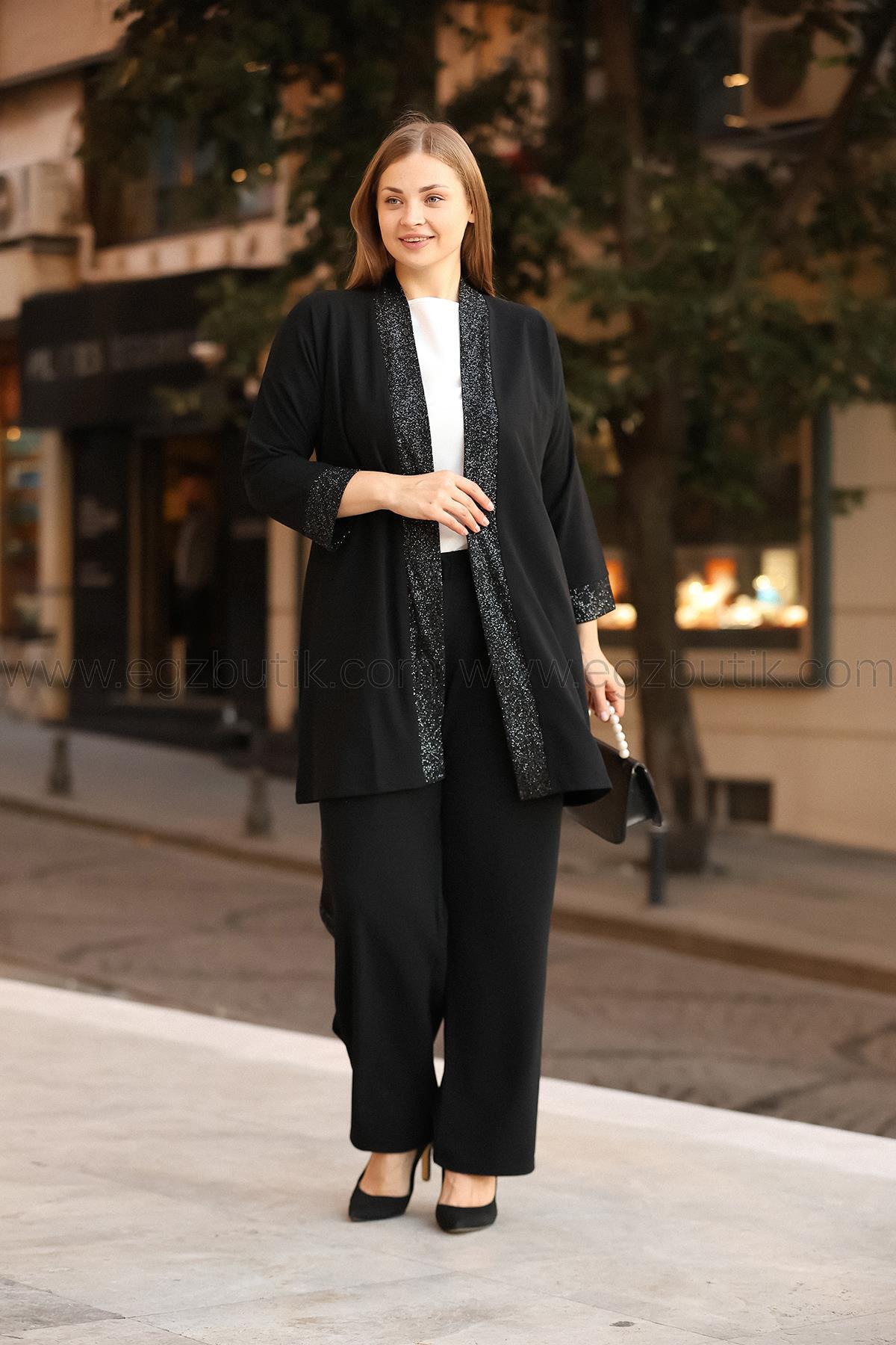 Büyük Beden Sim Şerit Detaylı Scuba Krep ikili Takım