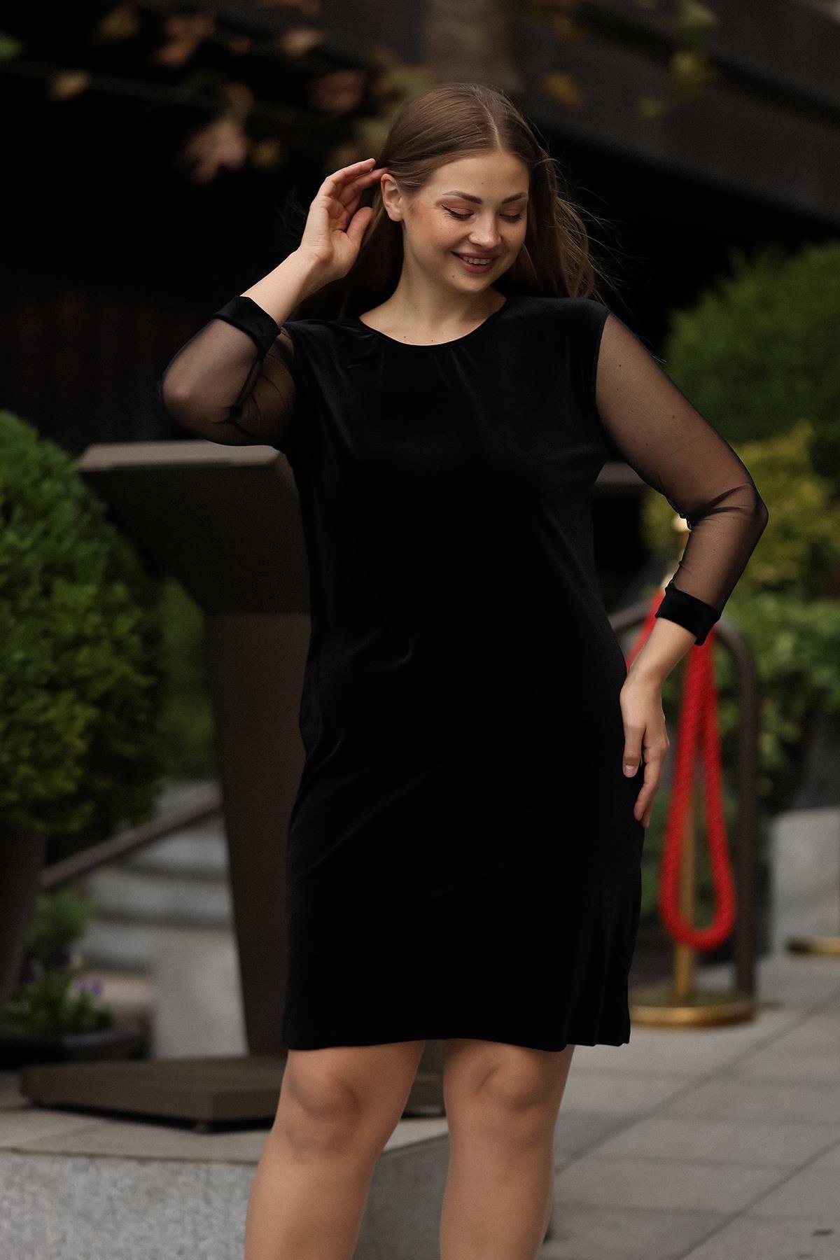 Kolları Tül Kadife Desen Siyah Elbise