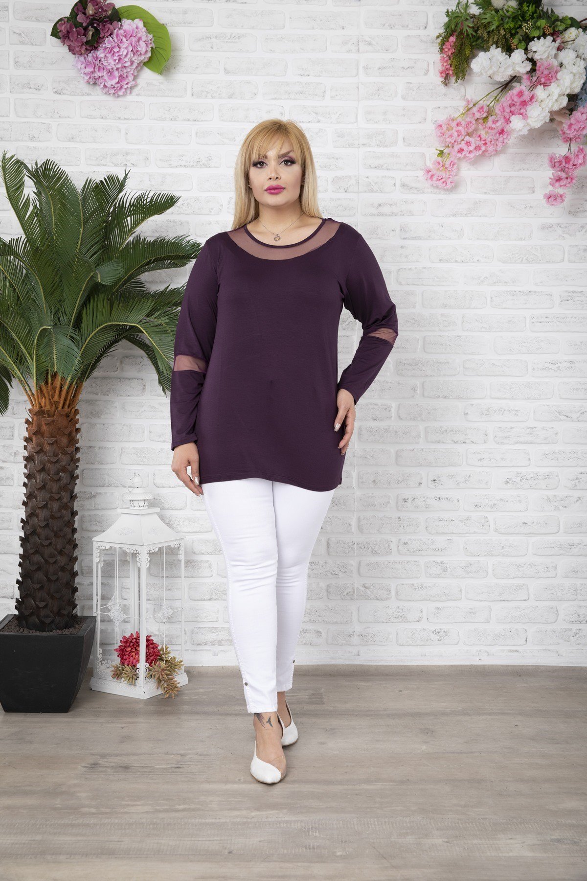 Dirsek ve Yakası Tüllü Büyük Beden Fuşya Bluz