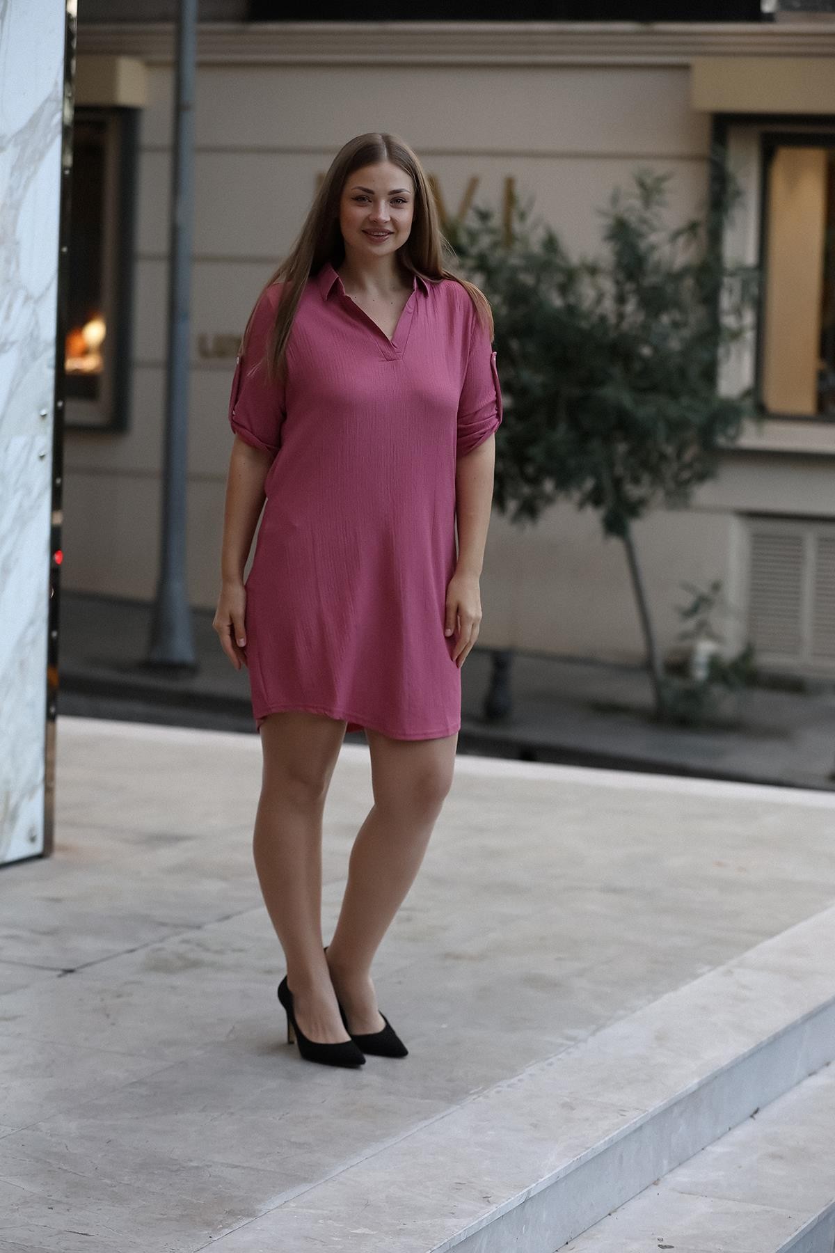 Gömlek Yaka Cepli Gül Kurusu Elbise