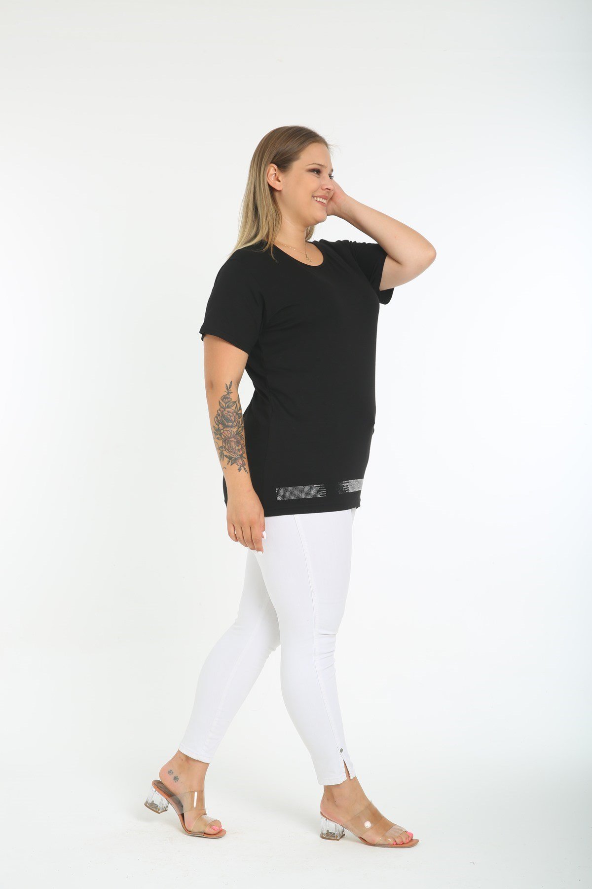 Bel Kısmı Taş Şerit Büyük Beden Siyah Tişört