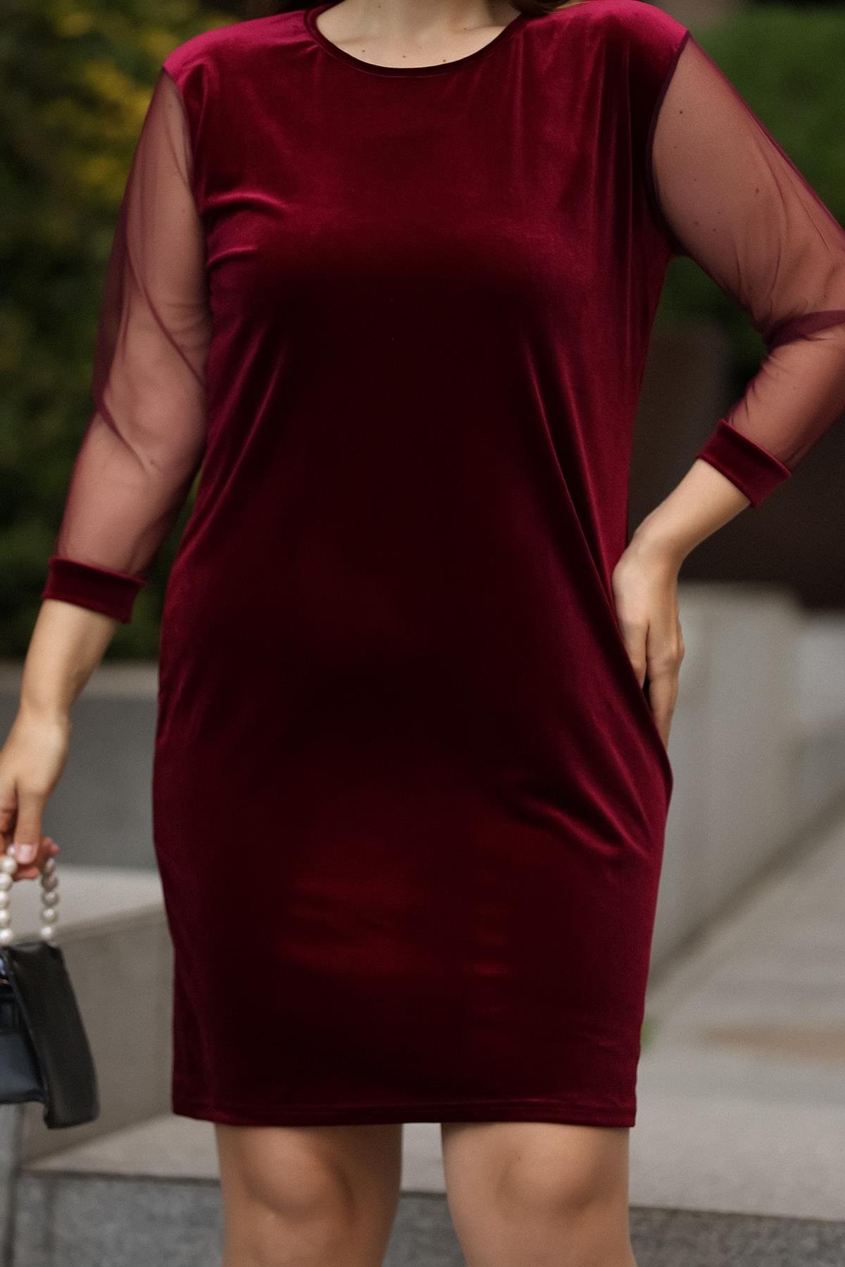 Kolları Tül Kadife Desen Bordo Elbise