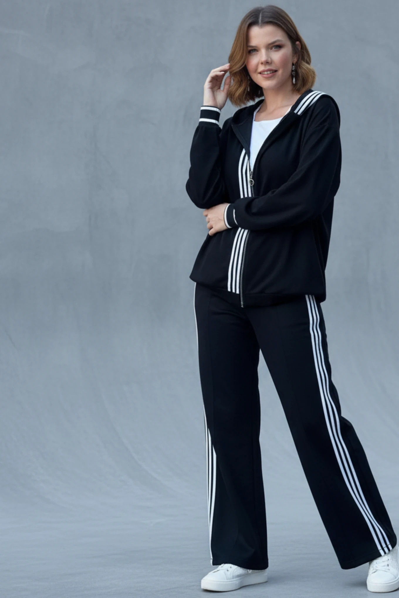 Büyük Beden Üç Şeritli Stil İkili Takım - Siyah