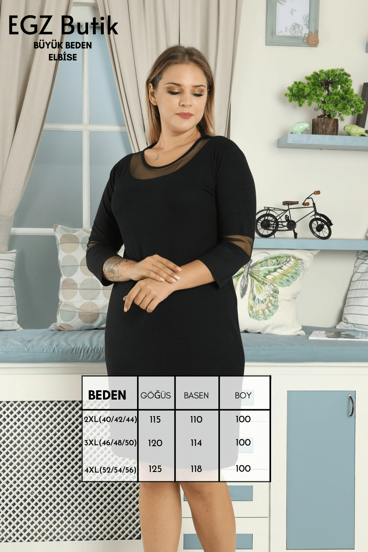 Dirsek ve Yakası Tüllü Büyük Beden Siyah Elbise