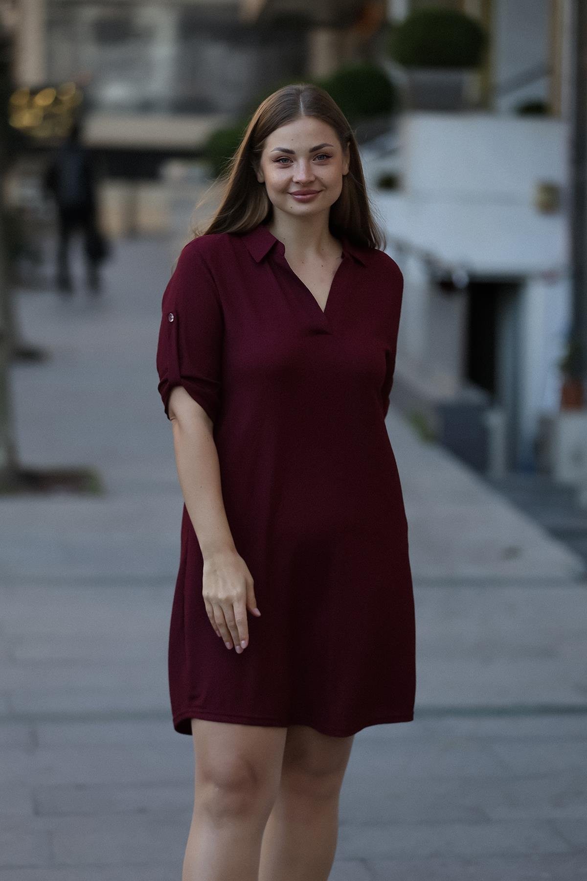 Gömlek Yaka Cepli Bordo Elbise