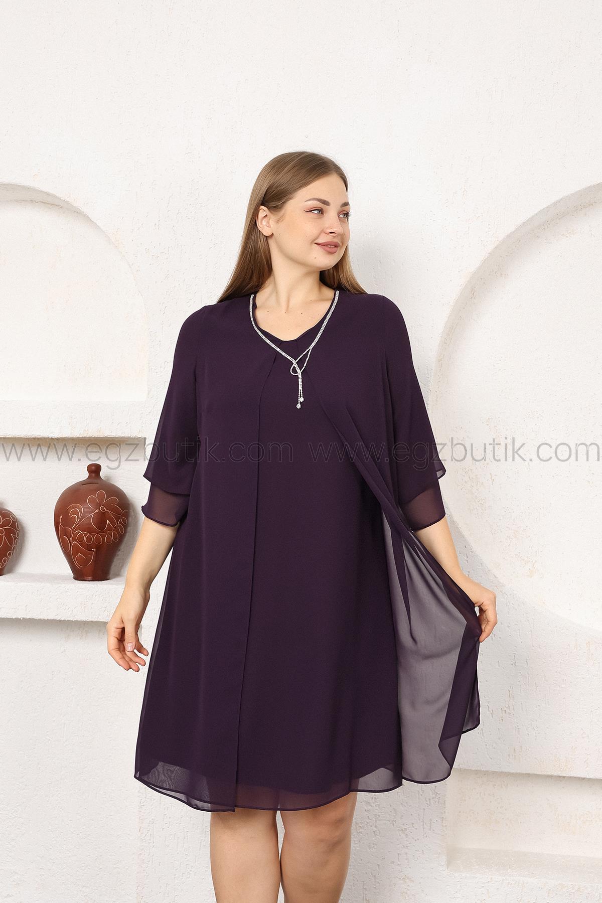 Şifon Üstü Tül  Kolyeli Büyük Beden Elbise Mürdüm