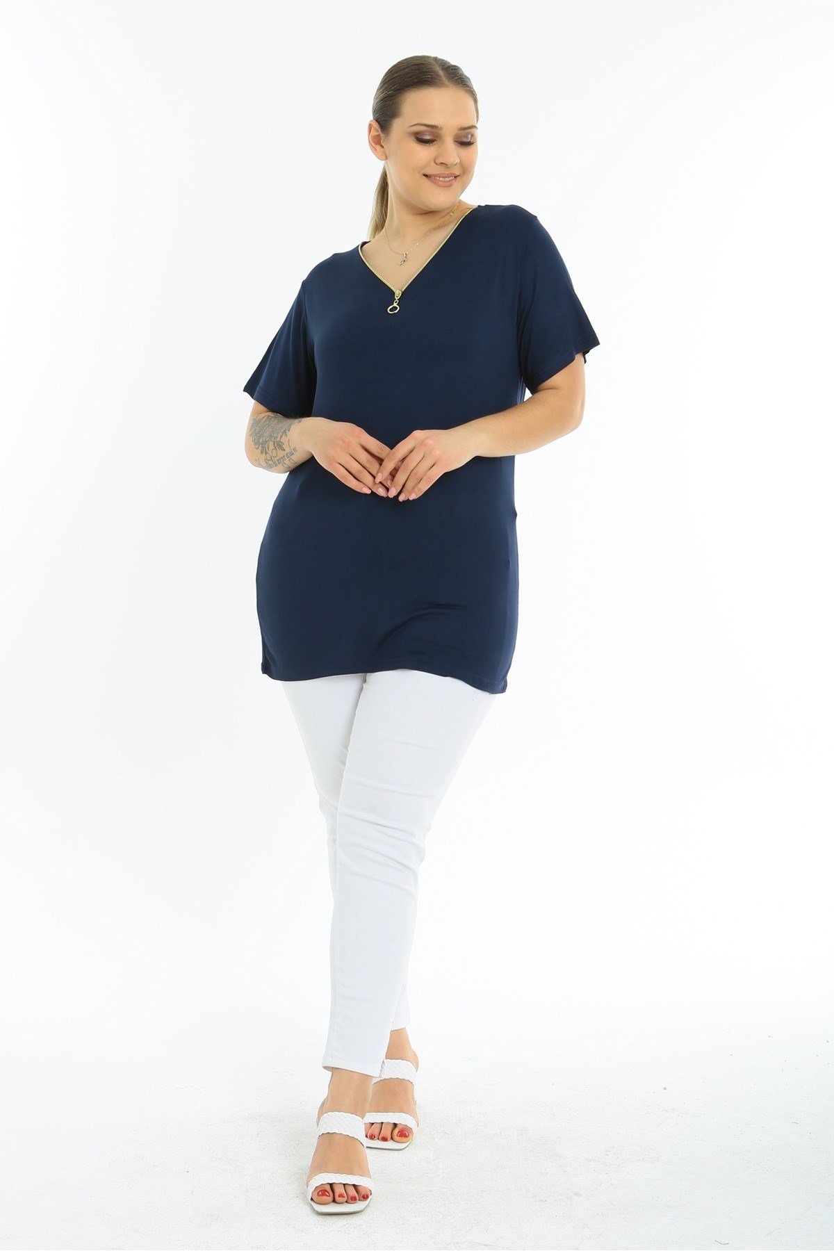 Fermuarlı Kısa Kol Büyük Beden Lacivert Bluz