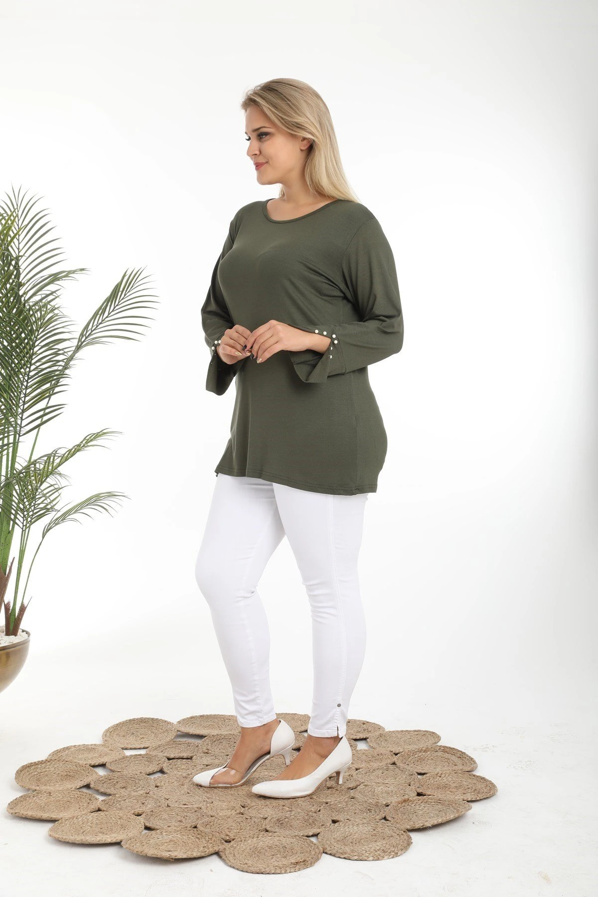 İnci Kol Büyük Beden Haki Viskon Bluz