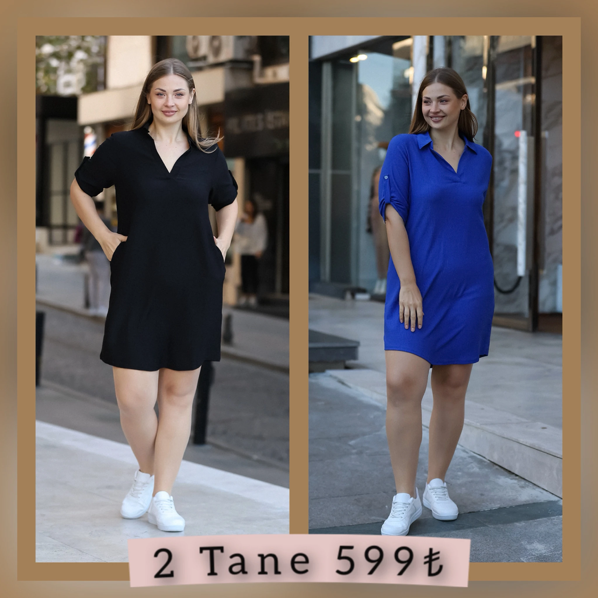 2 li Avantaj Paket Gömlek Yaka Cepli Mavi Siyah Elbise