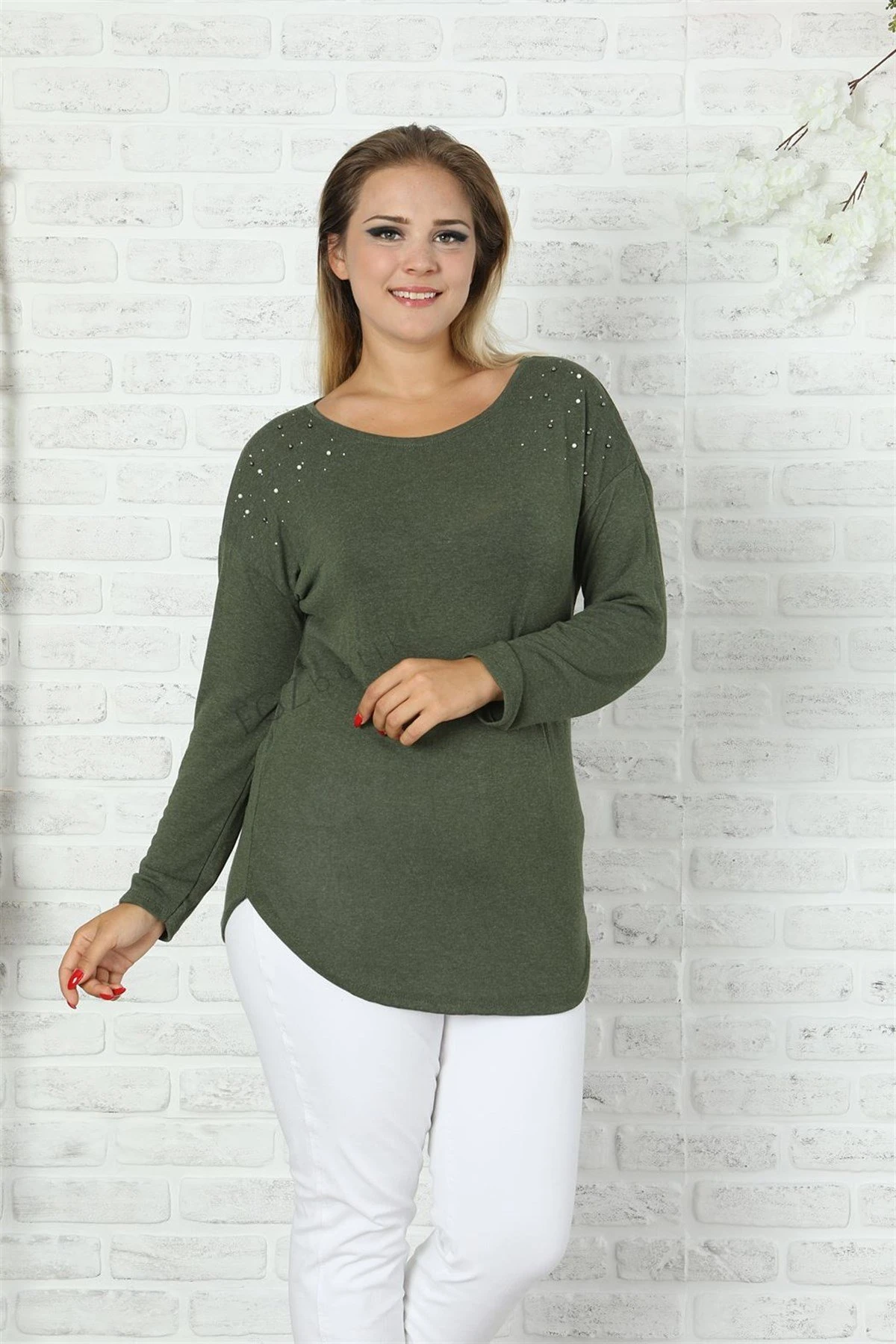 Uzun Kollu İncili Büyük Beden Haki Kazak