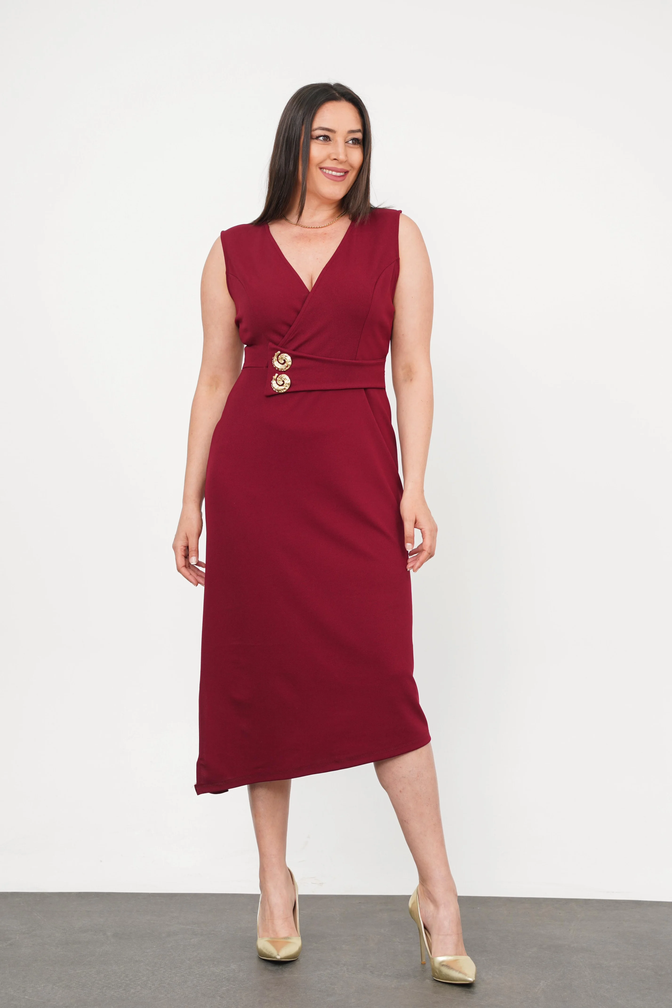 Büyük Beden Sıfır Kol Düğme Detay Abiye Bordo