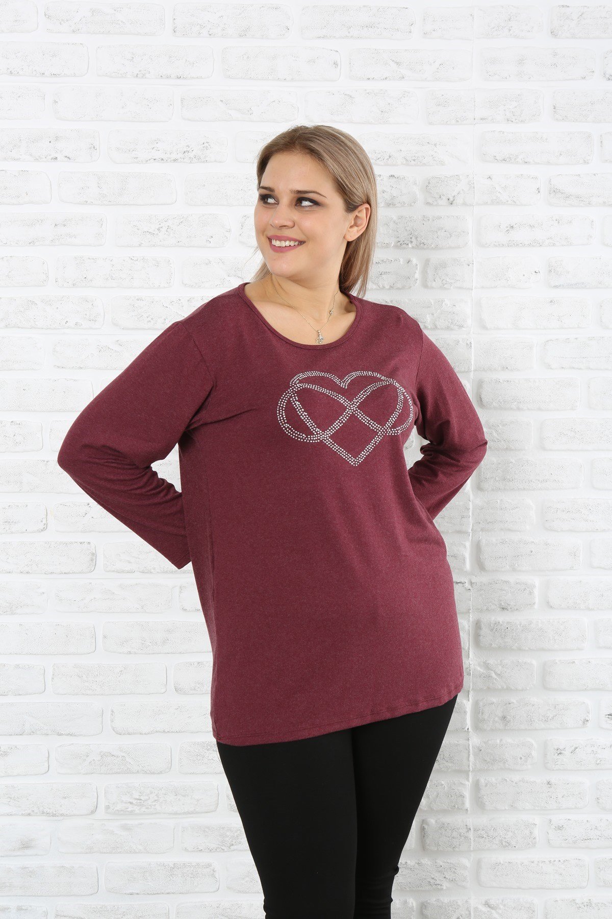 Sonsuz Kalp Baskılı  Taşlı Büyük Beden Bordo Kazak