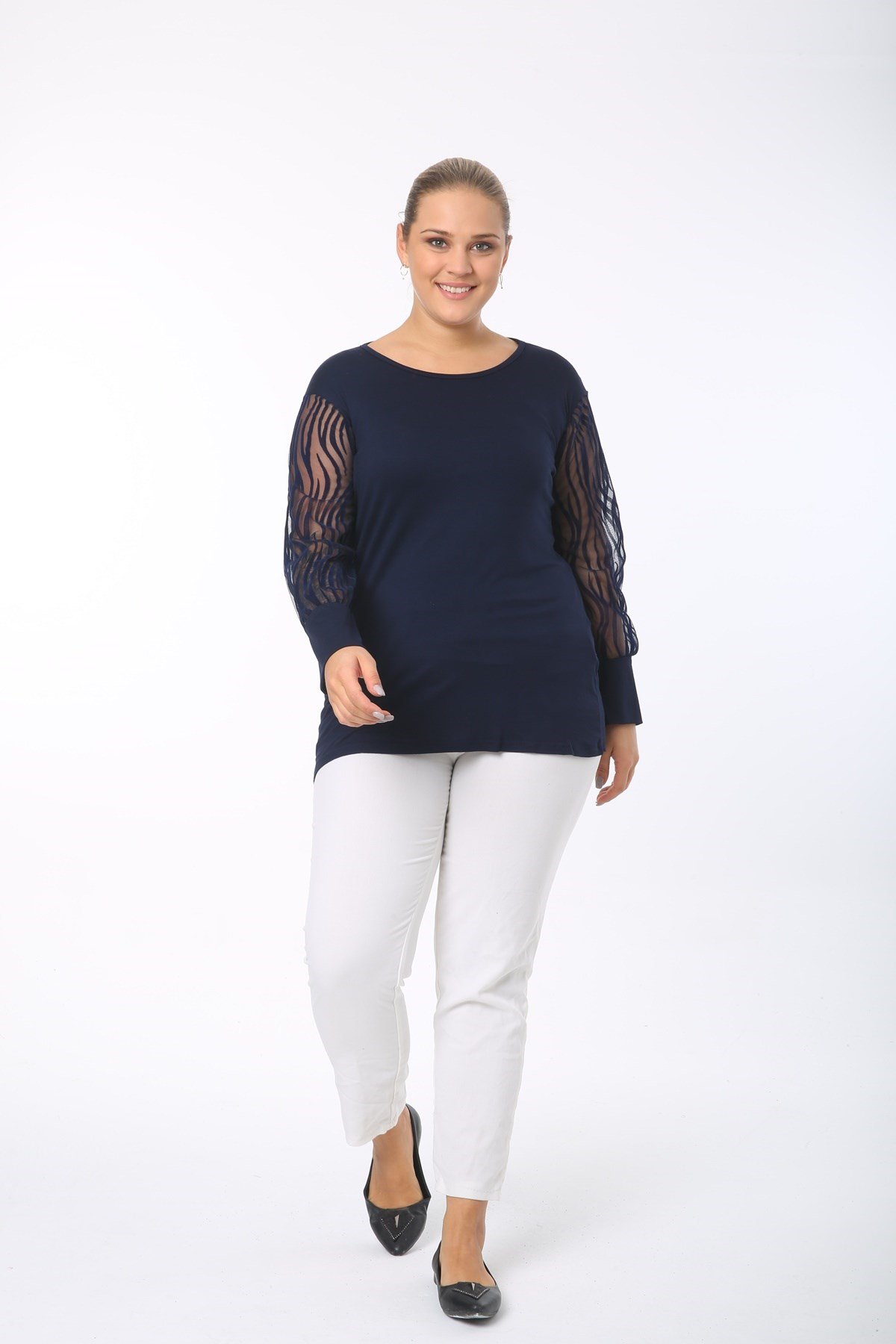 Zebra Kol Büyük Beden Lacivert Bluz