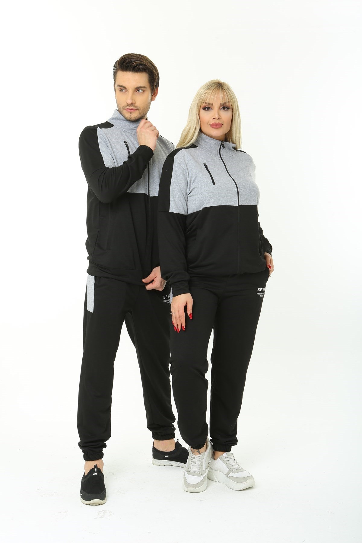 Sevgili Kombin Be You Yazılı Cepli Fermuarlı Siyah Gri İkili Takım